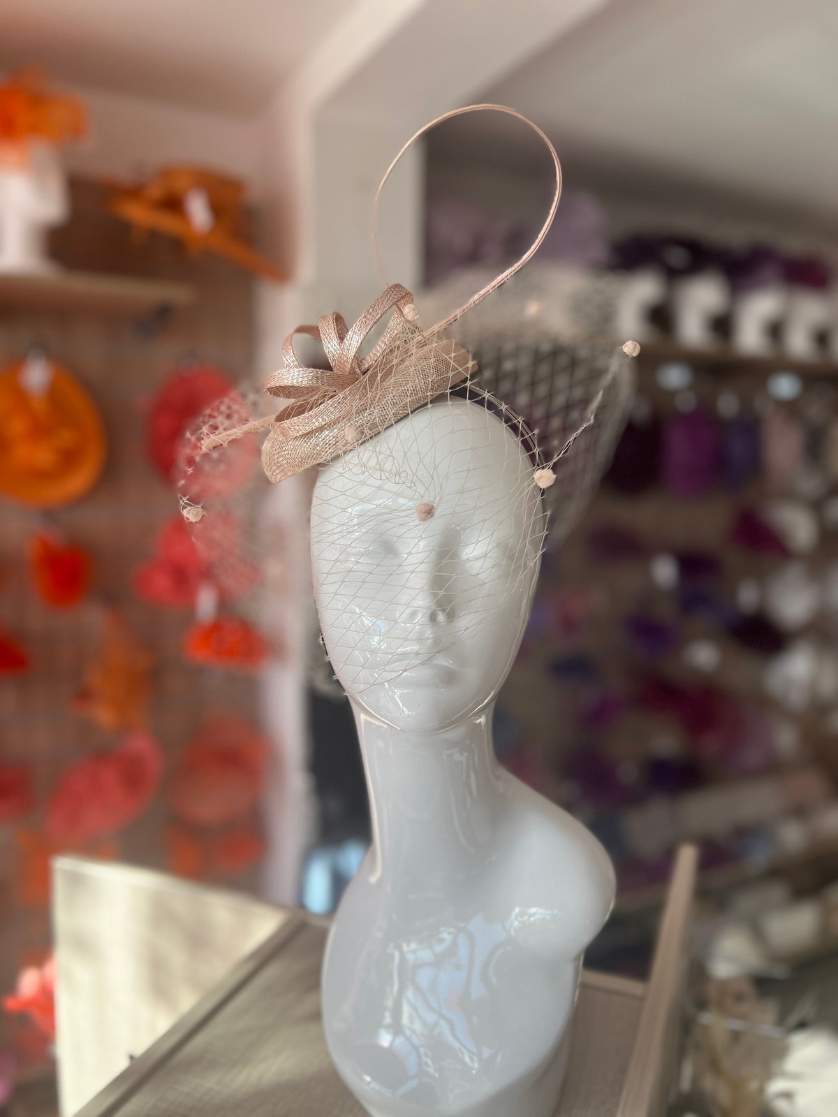 Metallic Nude Pillbox Hat with Veil &amp; Curled Quill-Fascinators Direct