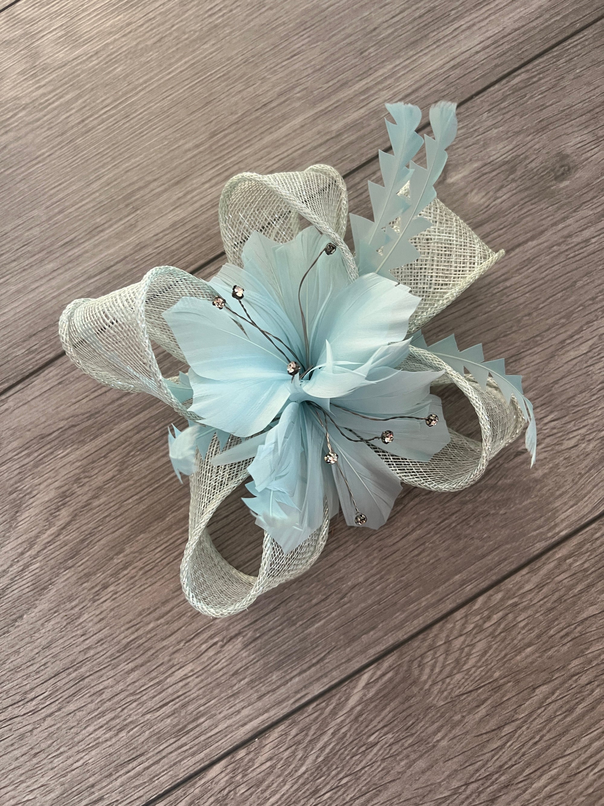 Metallic Pale Blue Hair Fascinator with Diamanté & Feather Flower-Fascinators Direct