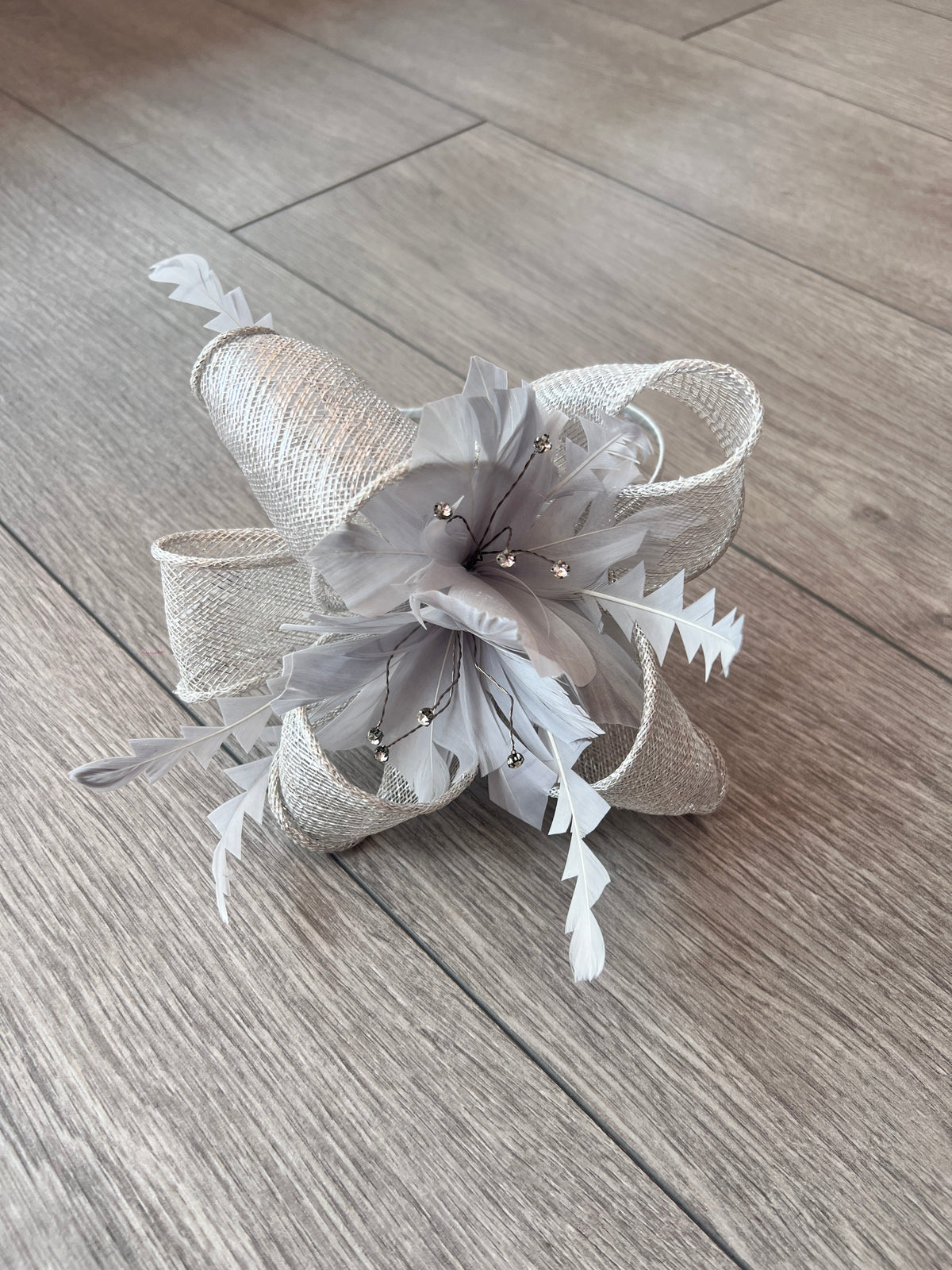 Metallic Silver Hair Fascinator with Diamanté &amp; Feather Flower-Fascinators Direct