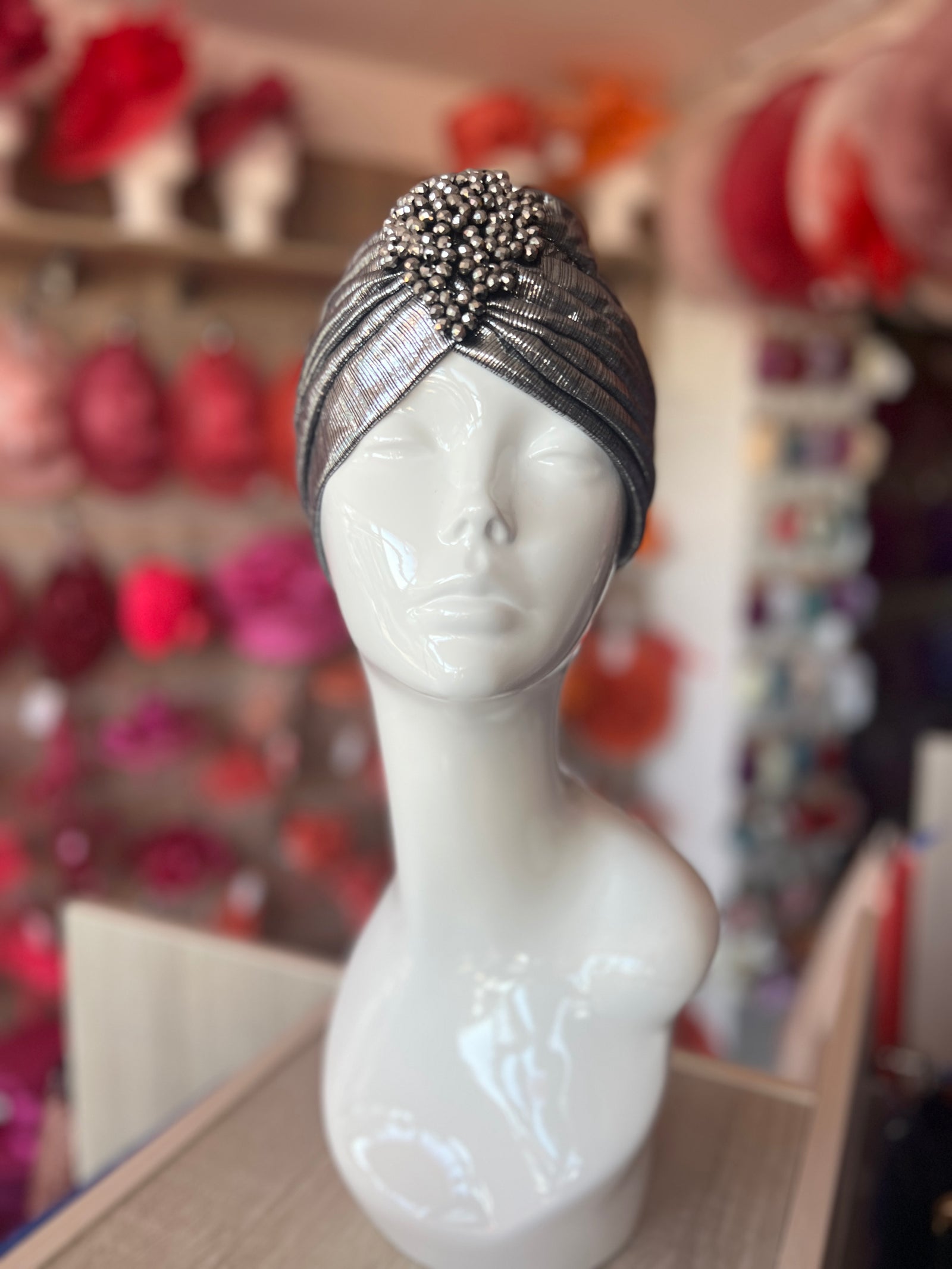 Metallic Silver Turban With Beaded Embellishment-Fascinators Direct