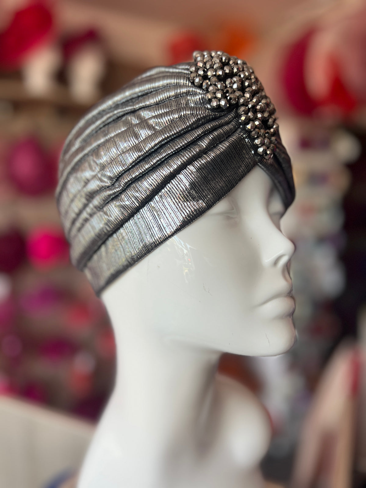 Metallic Silver Turban With Beaded Embellishment-Fascinators Direct