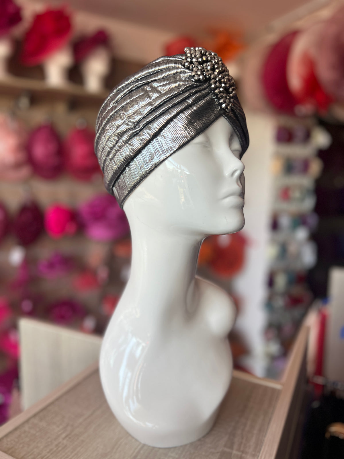 Metallic Silver Turban With Beaded Embellishment-Fascinators Direct