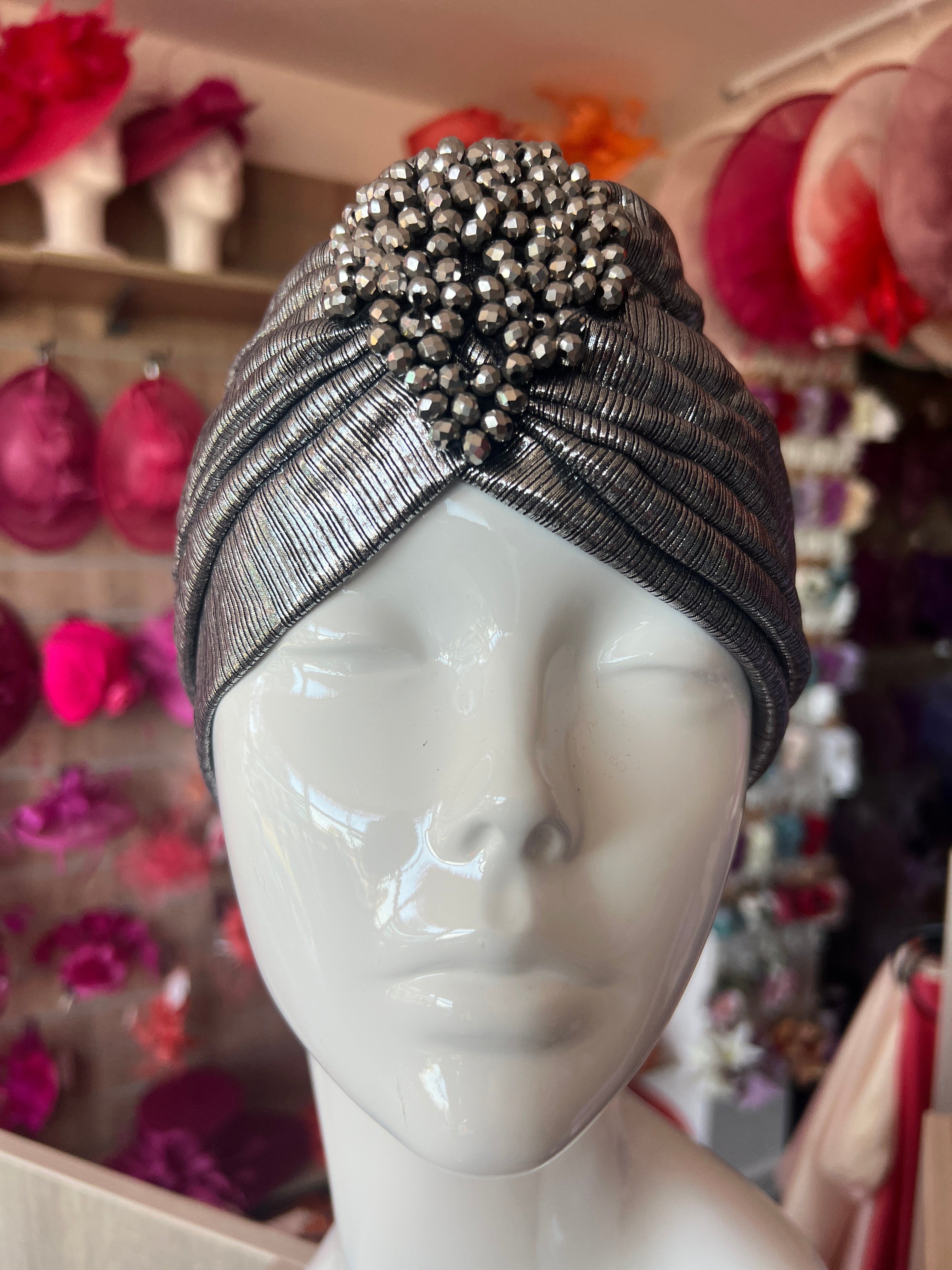 Metallic Silver Turban With Beaded Embellishment