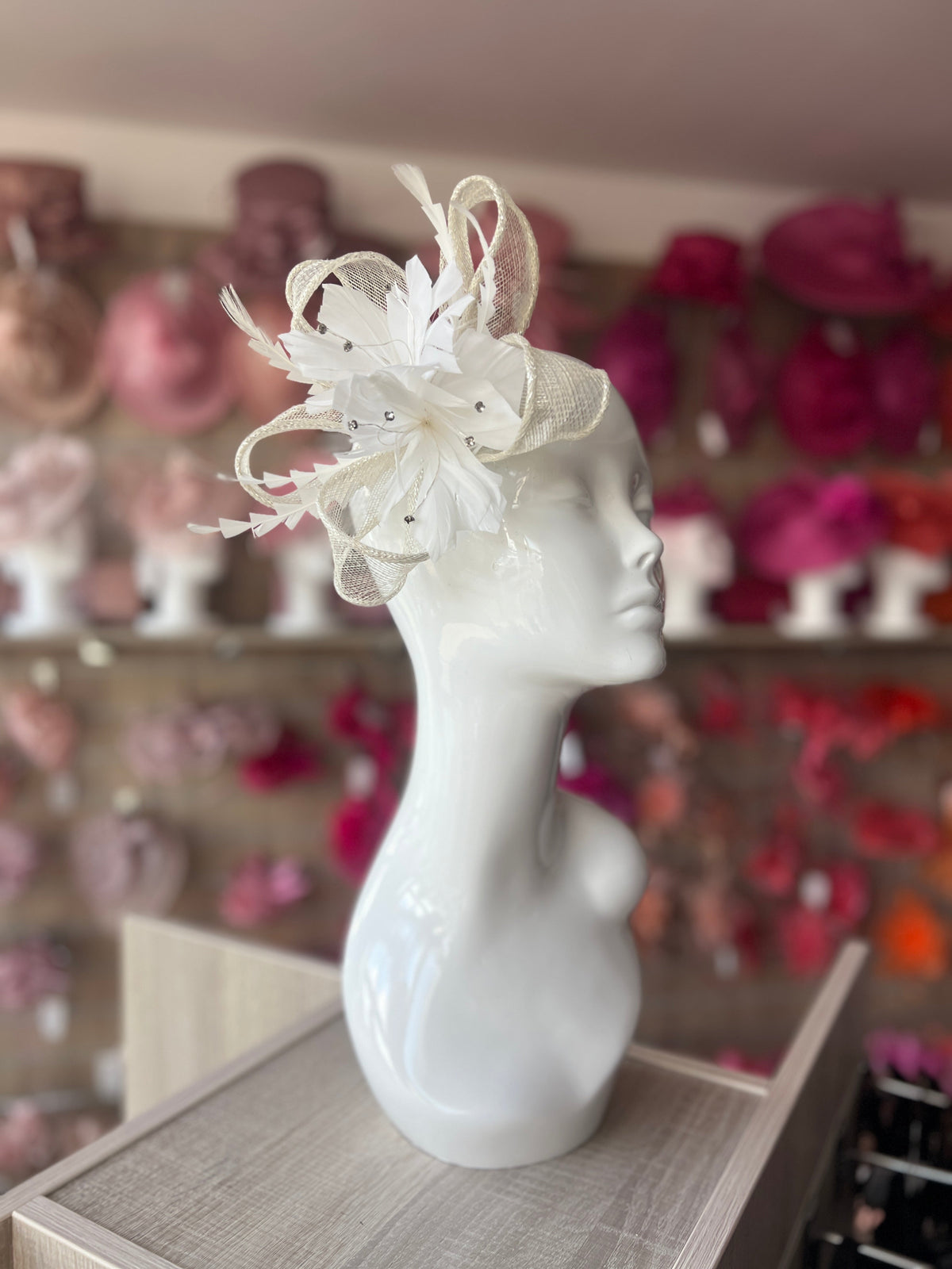 Metallic White Hair Fascinator with Diamanté &amp; Feather Flower-Fascinators Direct