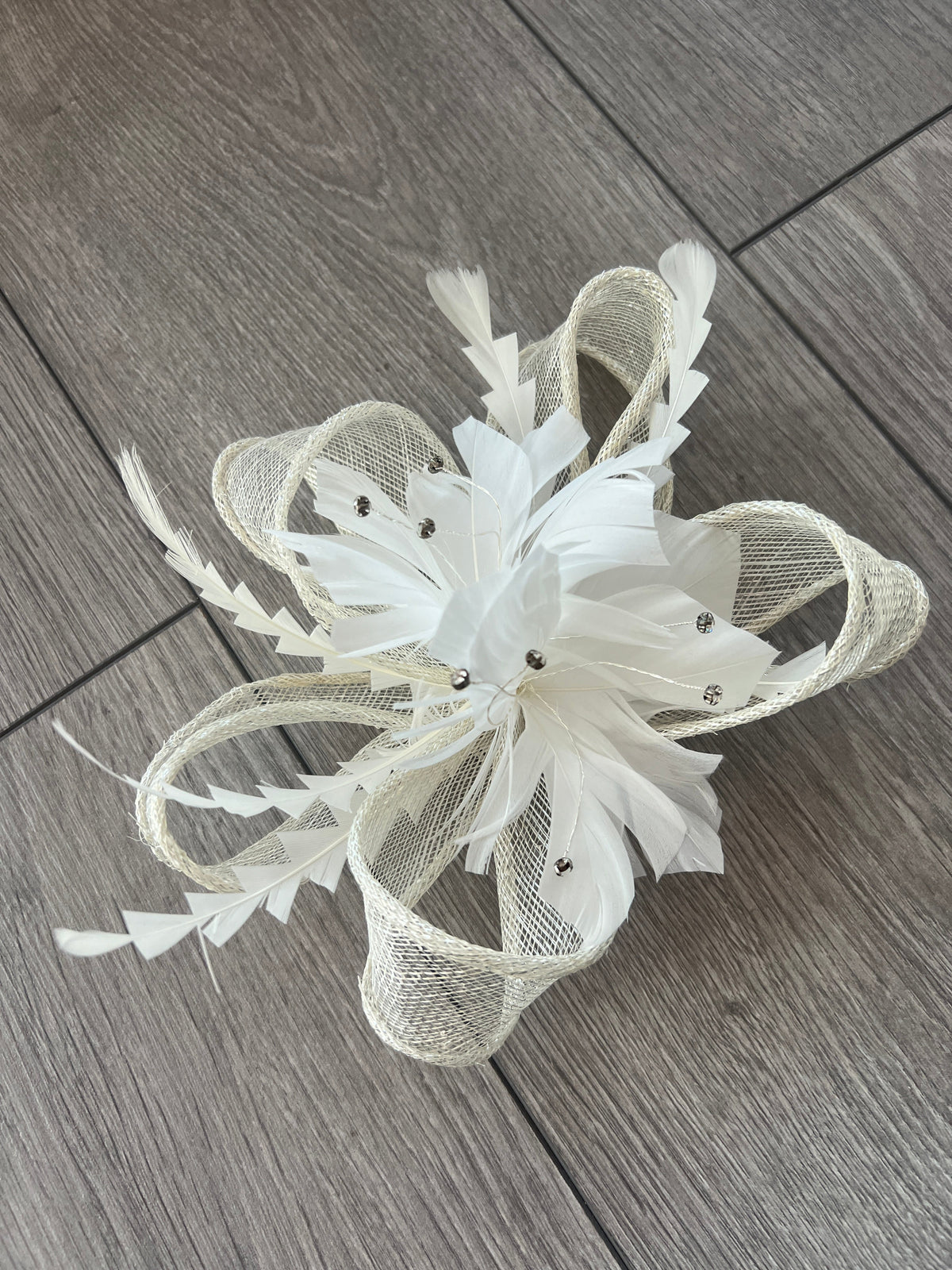 Metallic White Hair Fascinator with Diamanté &amp; Feather Flower-Fascinators Direct
