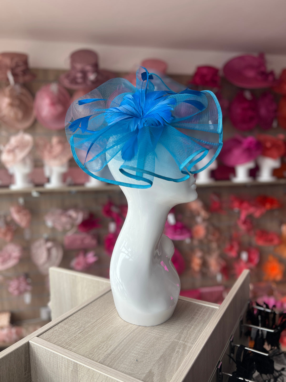 Mid Blue Large Fascinator with Ruched Crinoline &amp; Flower-Fascinators Direct