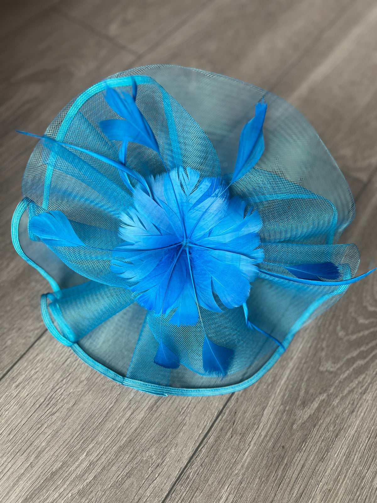 Mid Blue Large Fascinator with Ruched Crinoline &amp; Flower-Fascinators Direct