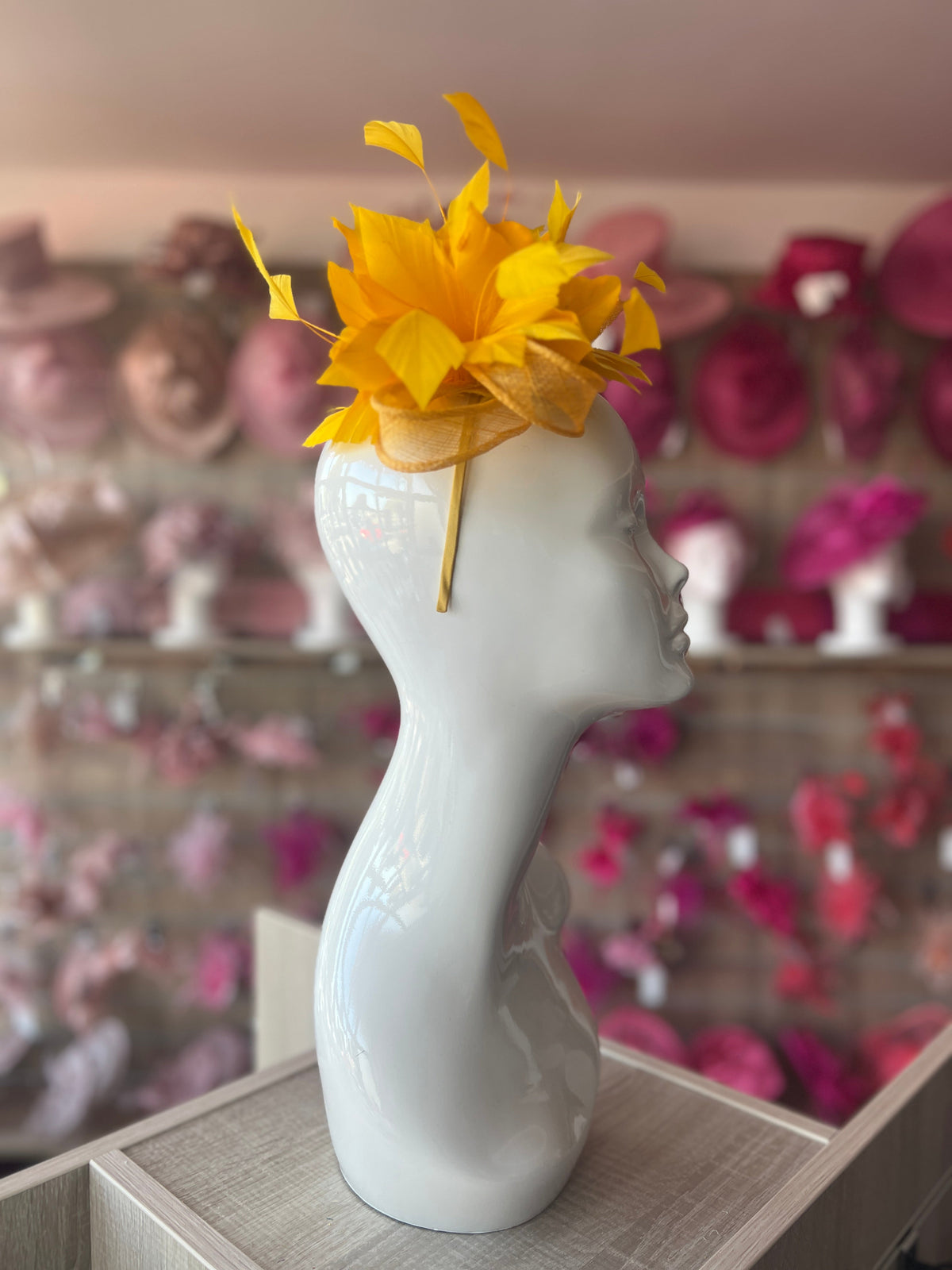 Millinery by Michelle Golden Yellow Fascinator Flower with Feathers &amp; Sinamay-Fascinators Direct