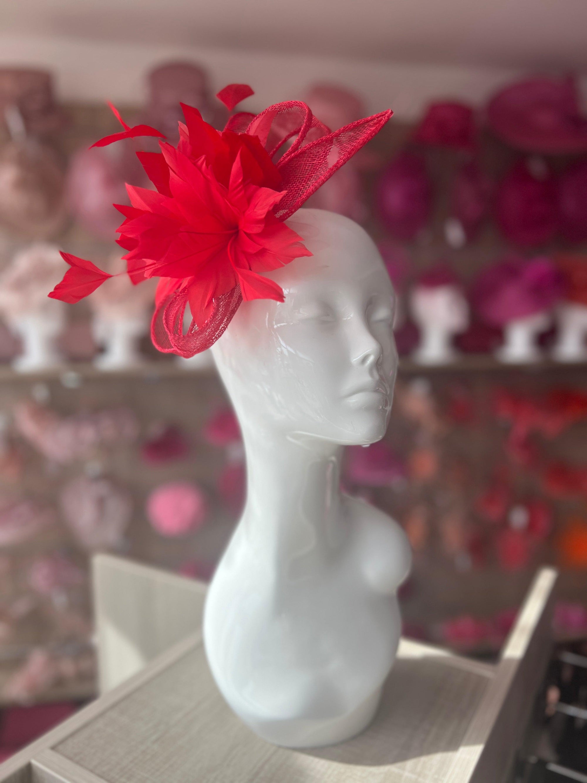 Millinery by Michelle Red Fascinator Flower with Feathers & Sinamay-Fascinators Direct