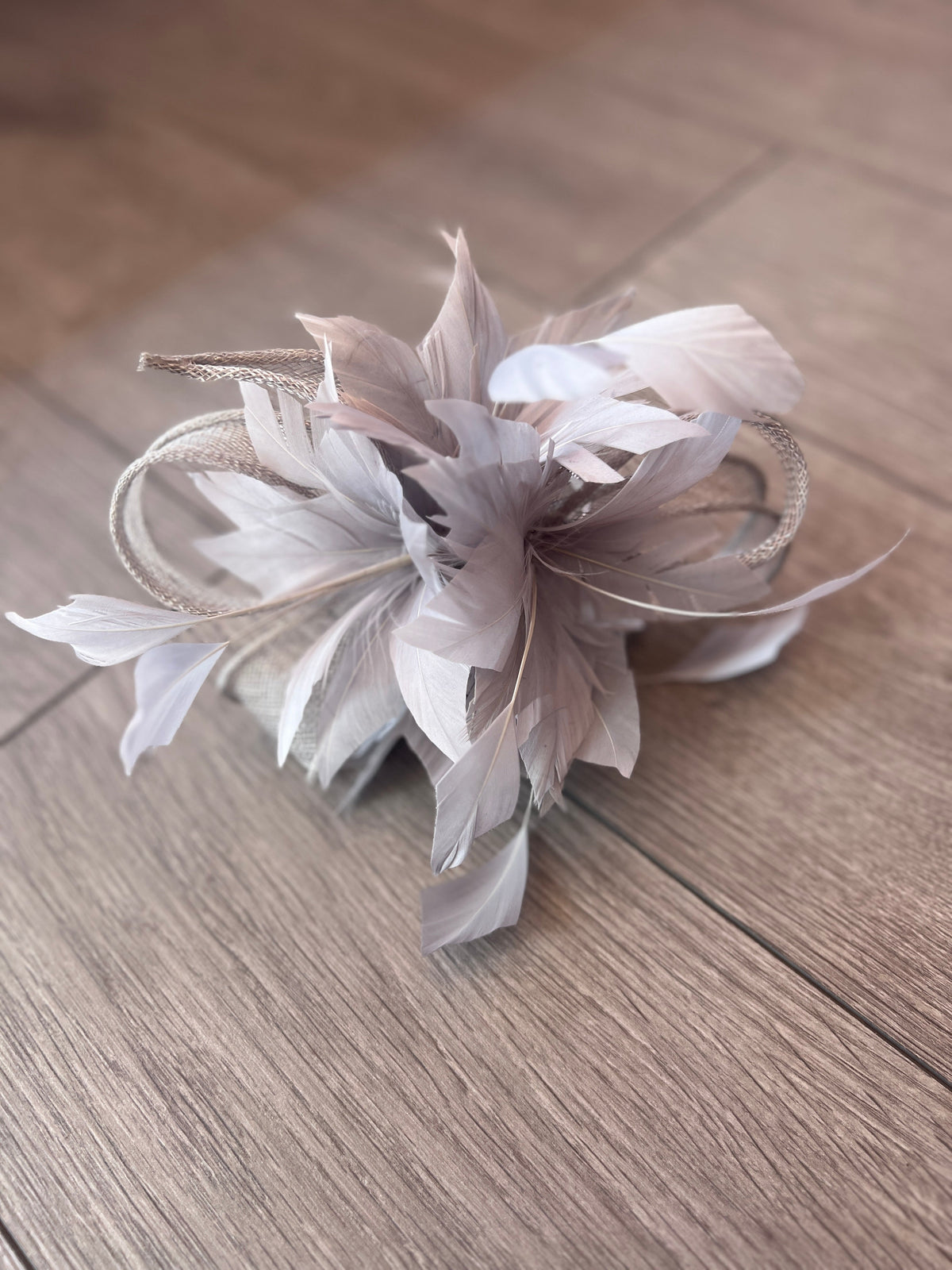 Millinery by Michelle Silver Grey Fascinator with Feathers Sinamay