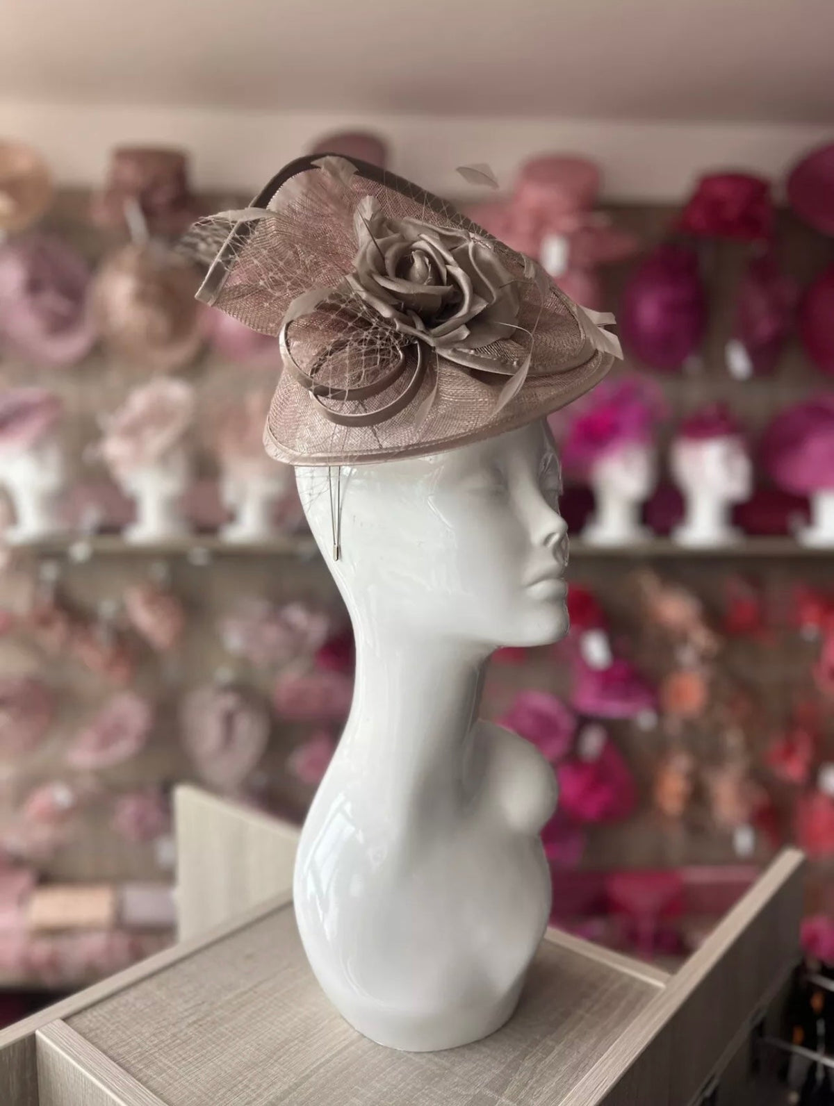 Mink Disc Fascinator with Fabric Rose &amp; Netting-Fascinators Direct
