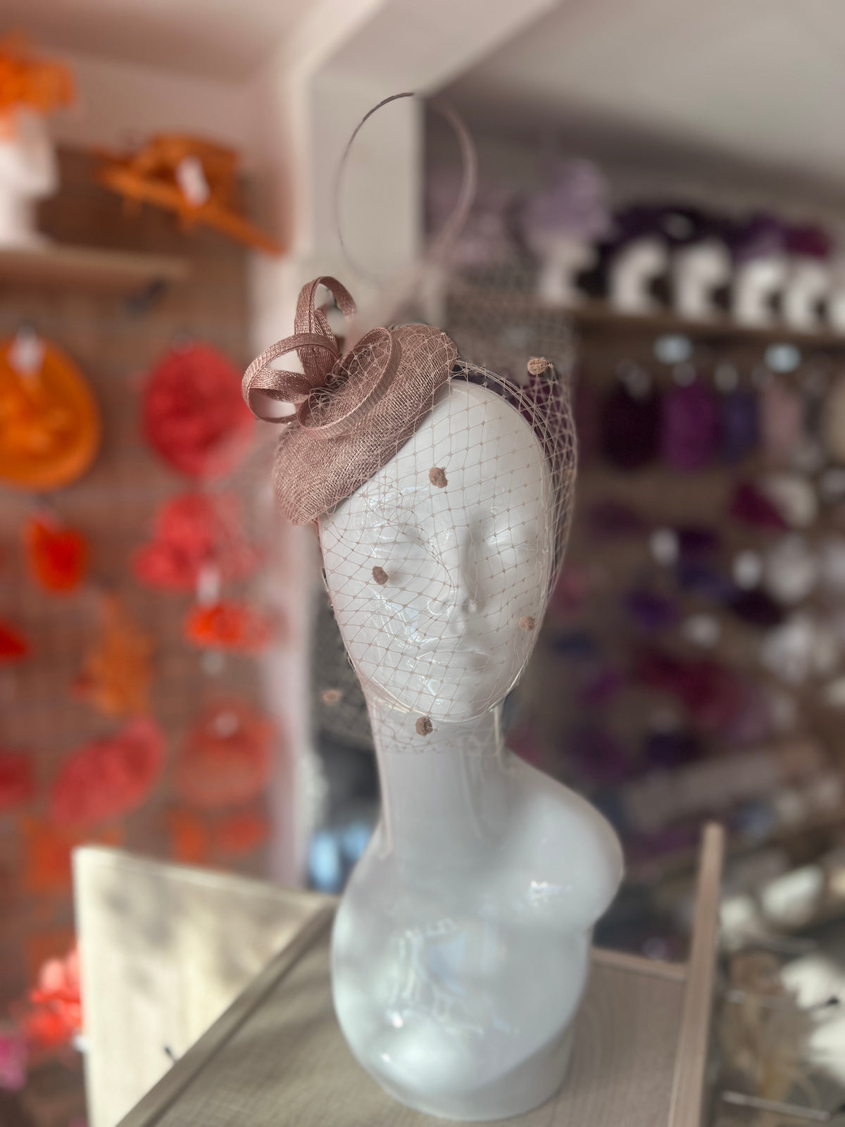 Mink Pillbox Hat with Veil &amp; Curled Quill-Fascinators Direct