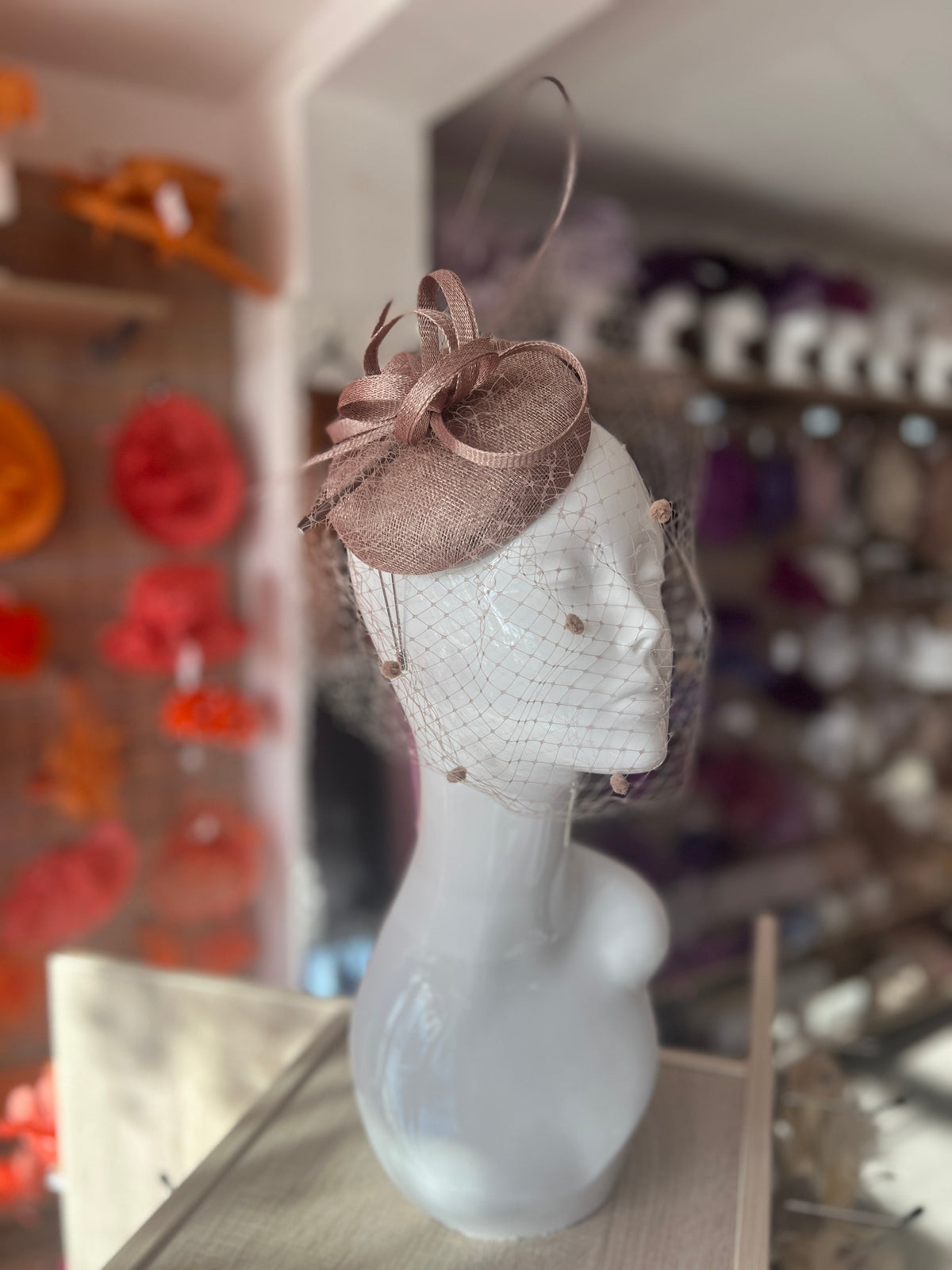 Mink Pillbox Hat with Veil &amp; Curled Quill-Fascinators Direct