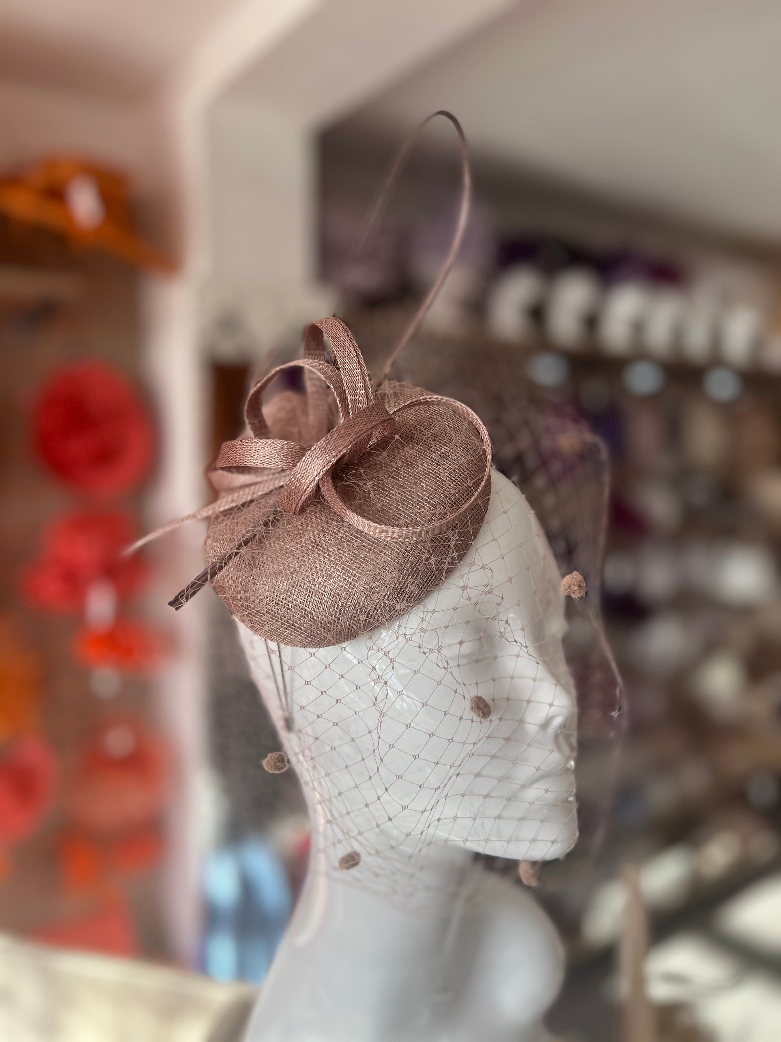 Mink Pillbox Hat with Veil Curled Quill