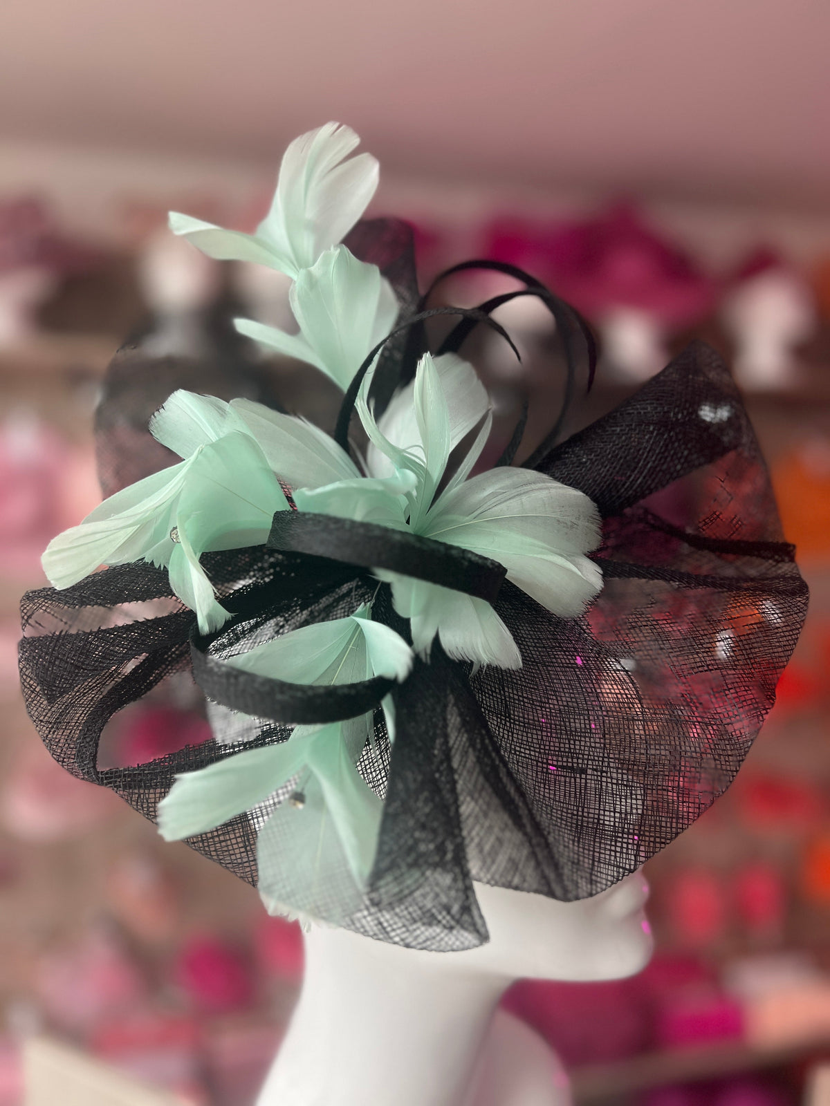 Mint Blue &amp; Black Large Fascinator With Feather Flowers &amp; Sinamay Curls-Fascinators Direct