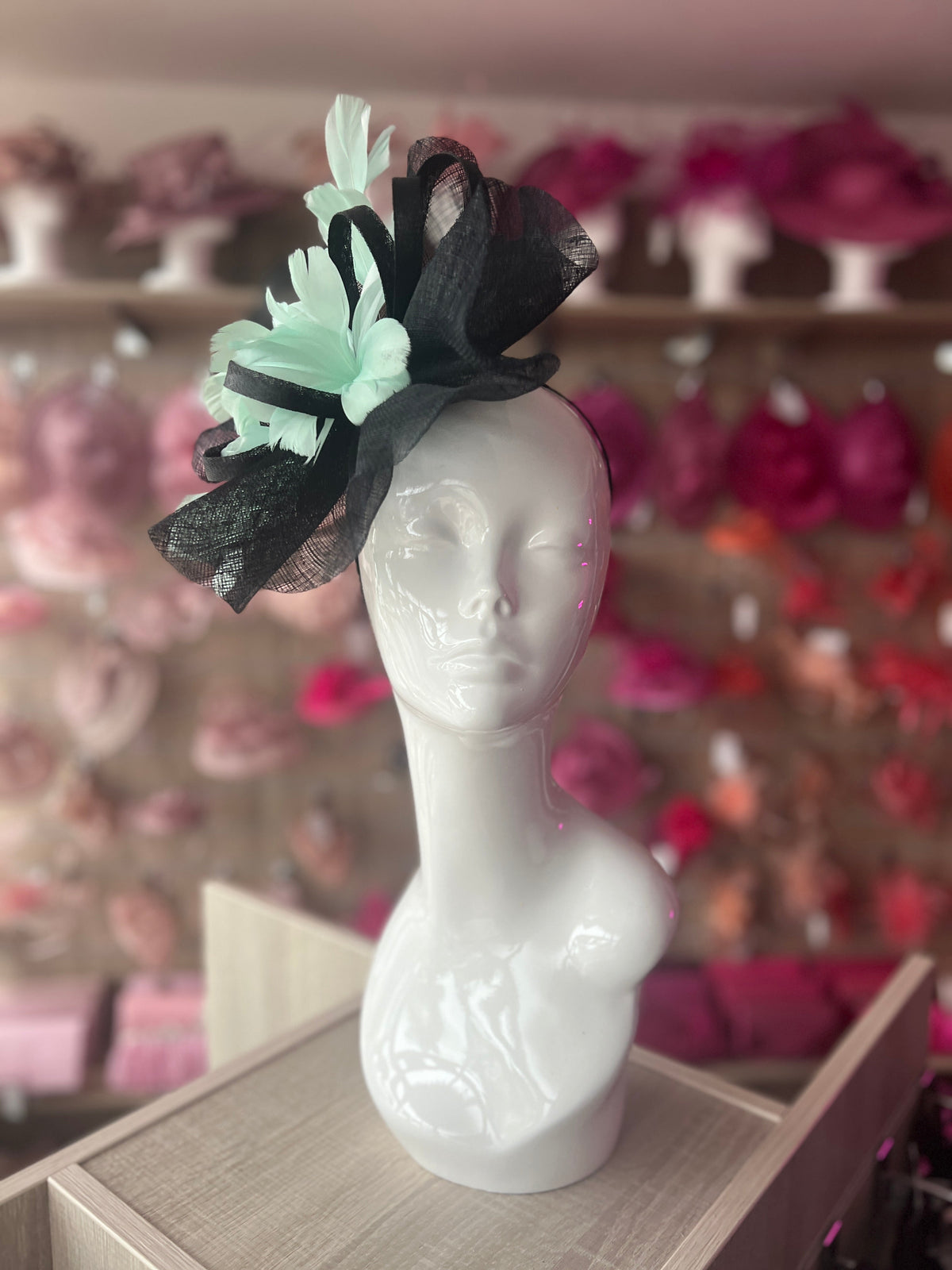Mint Blue &amp; Black Large Fascinator With Feather Flowers &amp; Sinamay Curls-Fascinators Direct