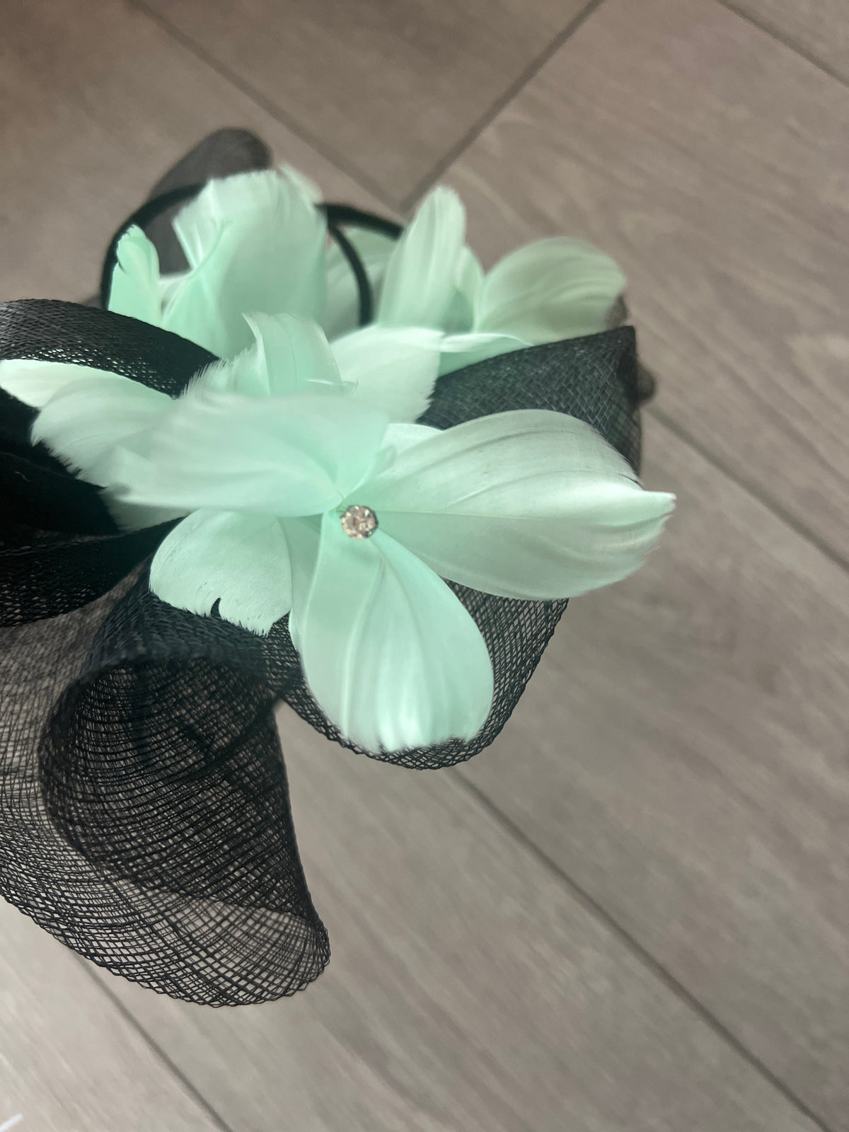 Mint Blue &amp; Black Large Fascinator With Feather Flowers &amp; Sinamay Curls-Fascinators Direct