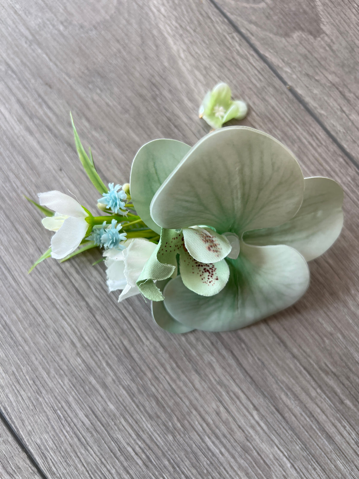 Mint Blue Orchid Hair Clip With Foliage &amp; Chains-Fascinators Direct