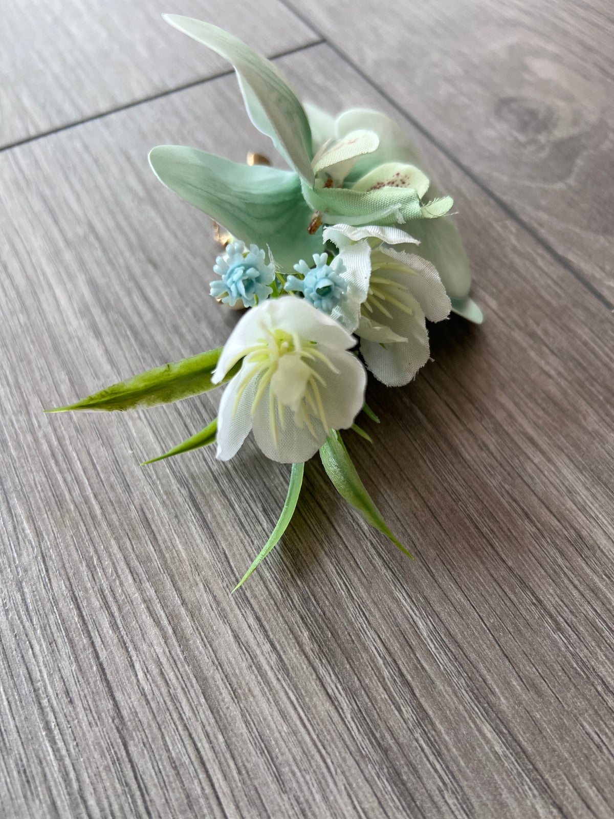 Mint Blue Orchid Hair Clip With Foliage &amp; Chains-Fascinators Direct