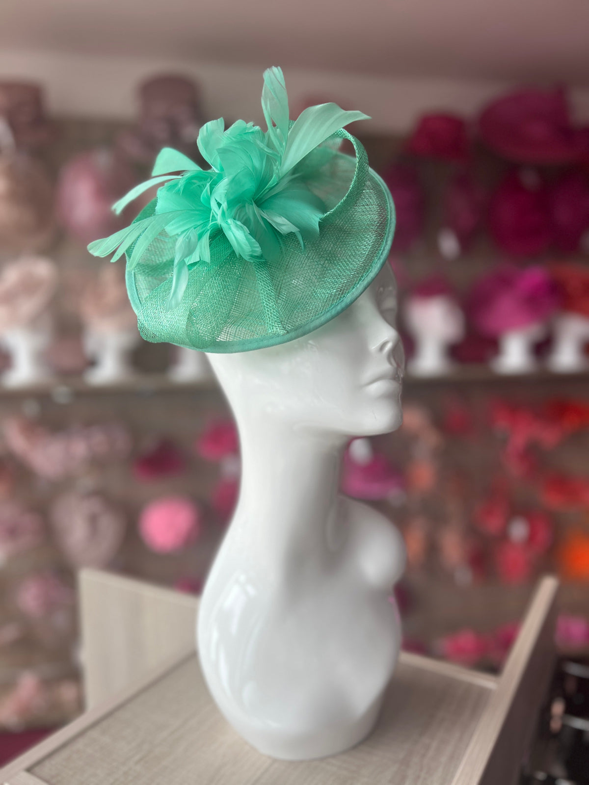 Mint Green Round Fascinator With Spiral loops &amp; Feather Flowers-Fascinators Direct