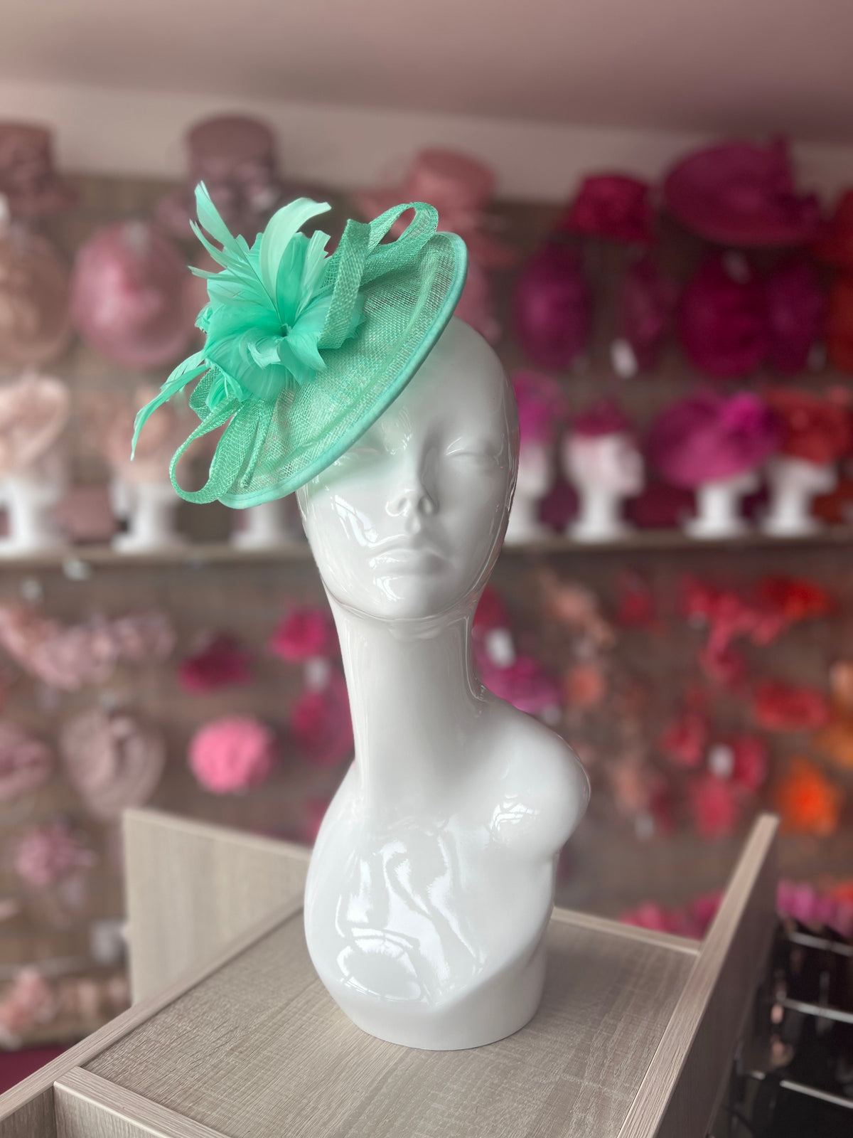 Mint Green Round Fascinator With Spiral loops &amp; Feather Flowers-Fascinators Direct