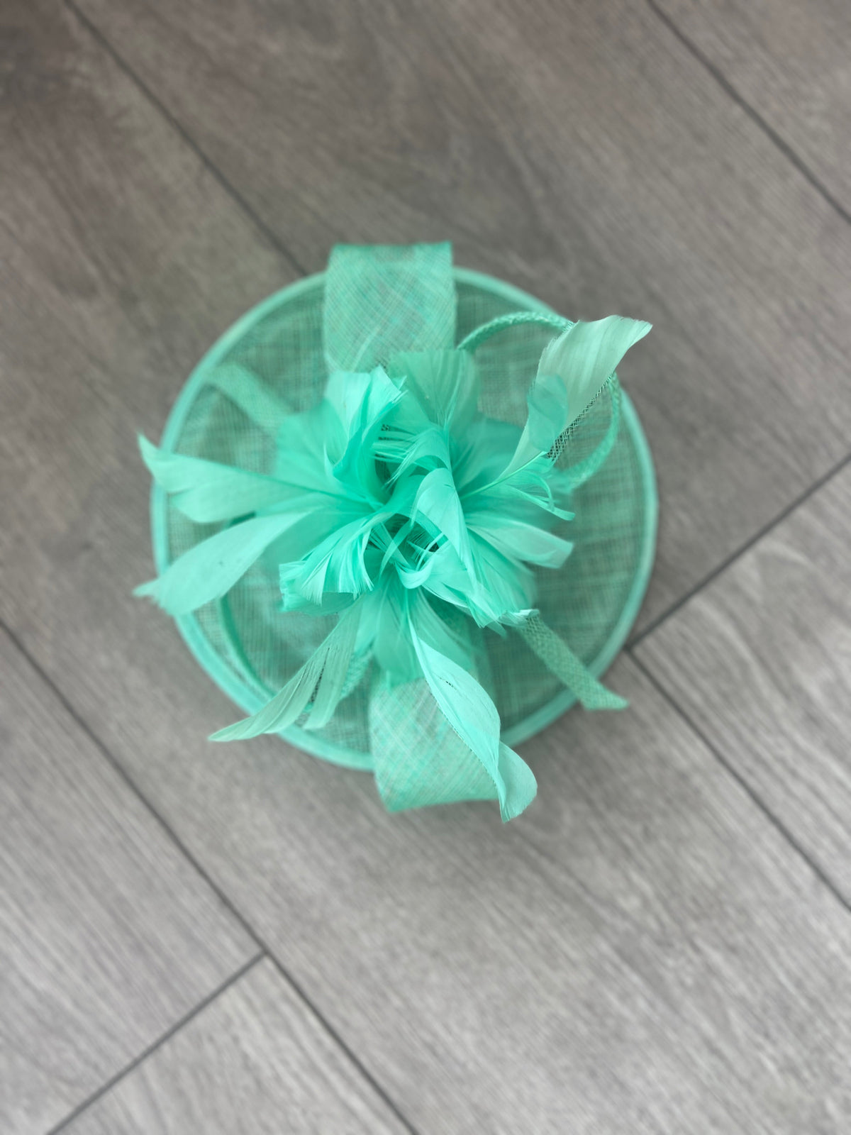 Mint Green Round Fascinator With Spiral loops &amp; Feather Flowers-Fascinators Direct