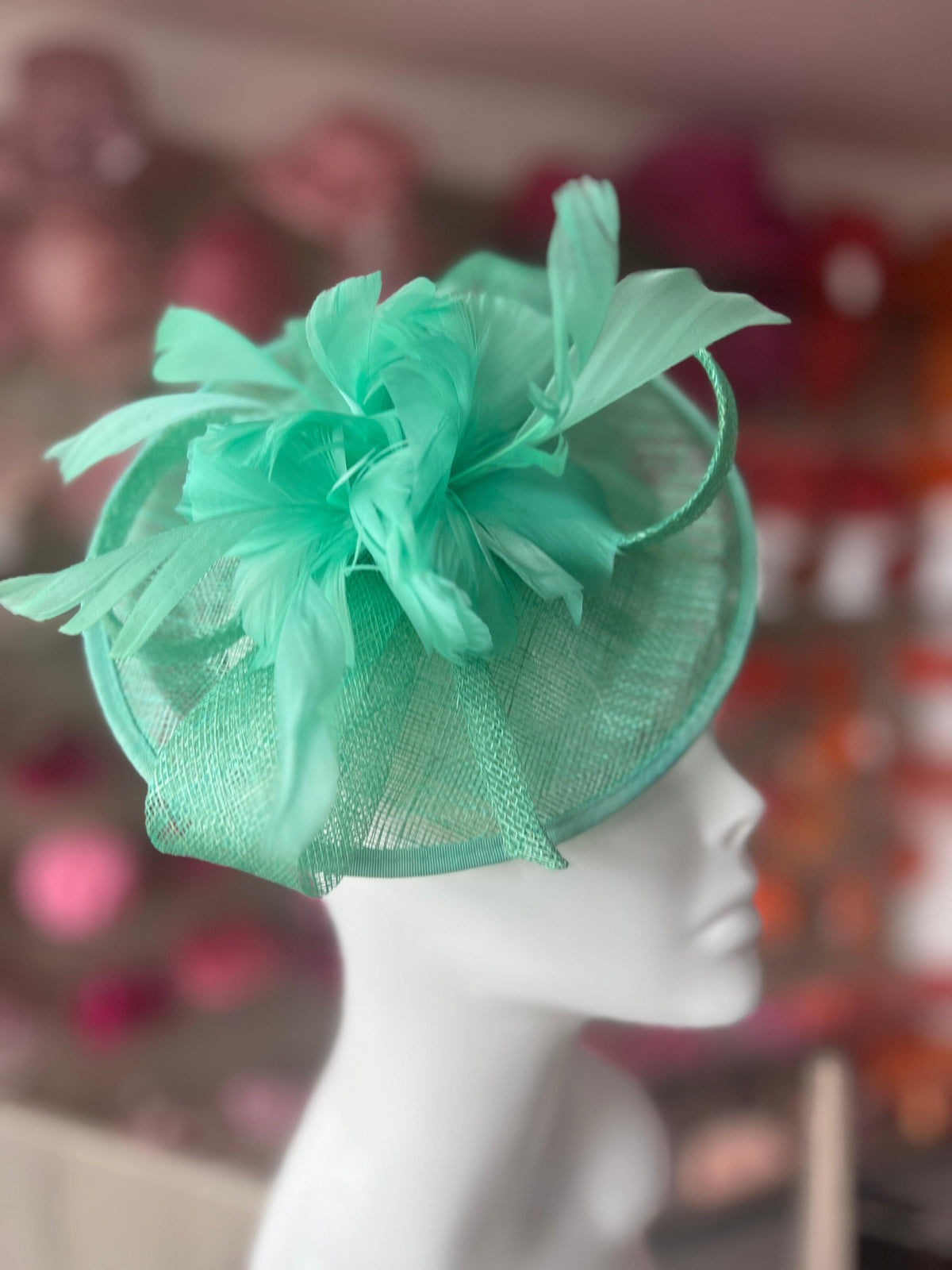 Mint Green Round Fascinator With Spiral loops &amp; Feather Flowers-Fascinators Direct