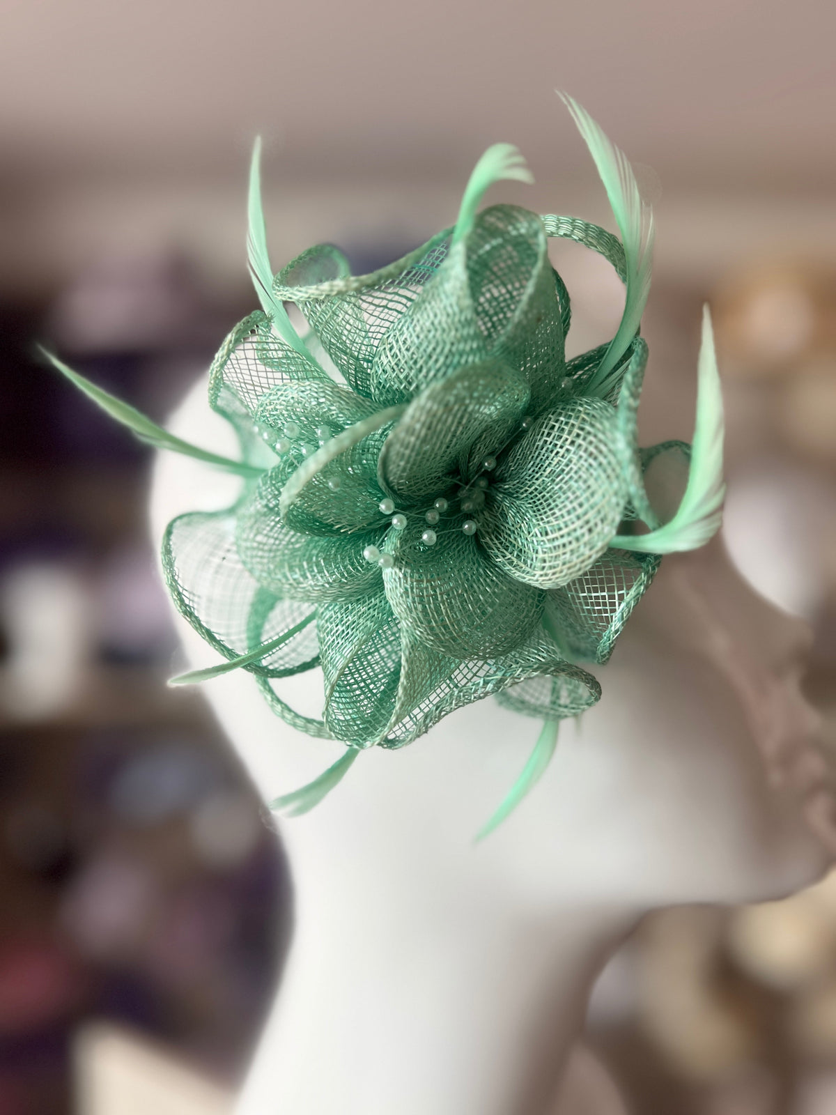 Mint Green Small Fascinator with Decorative Beads &amp; Feathers-Fascinators Direct