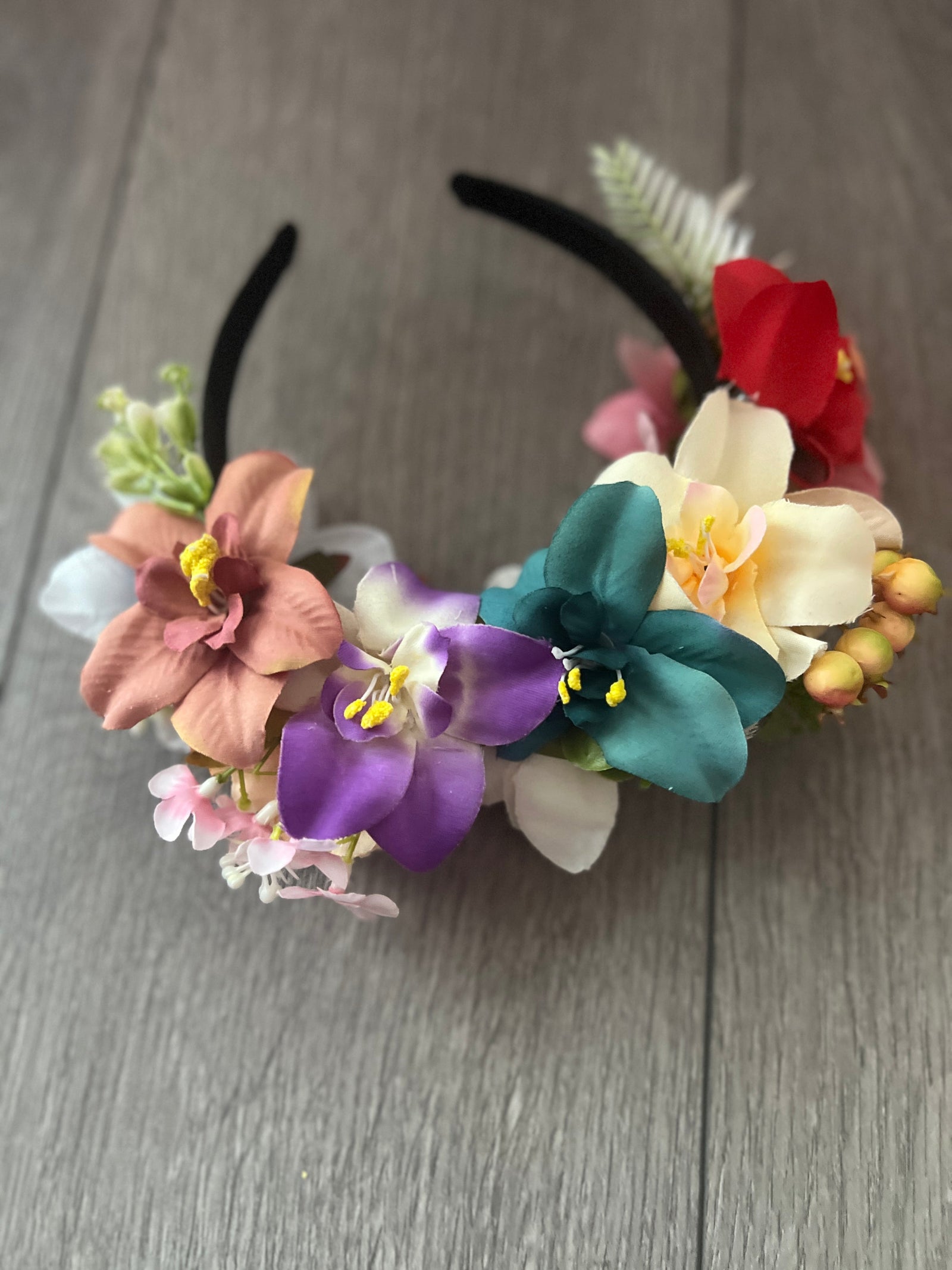 Mixed Coloured Flowers & Orchids & Berries Headband-Fascinators Direct