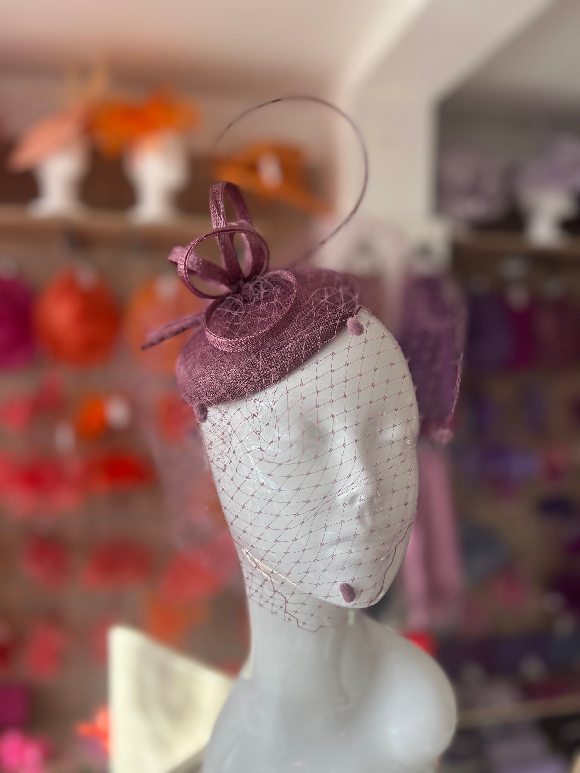 Mulberry Pillbox Hat with Veil & Curled Quill-Fascinators Direct