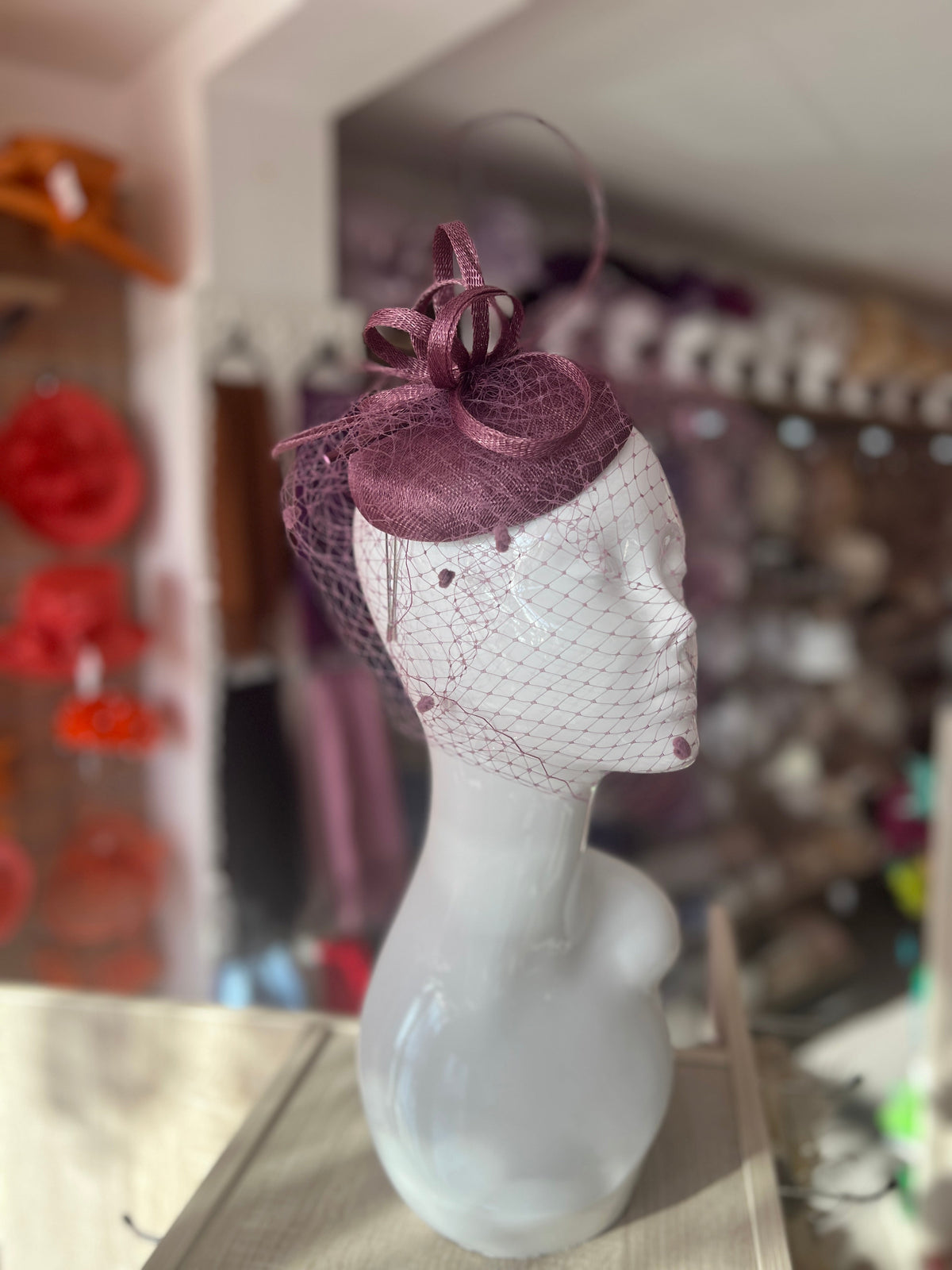 Mulberry Pillbox Hat with Veil &amp; Curled Quill-Fascinators Direct