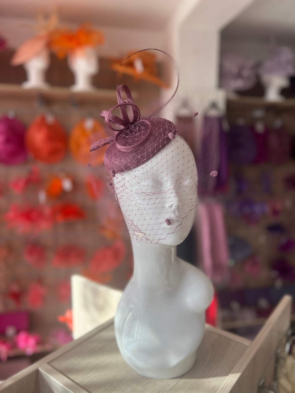 Mulberry Pillbox Hat with Veil &amp; Curled Quill-Fascinators Direct