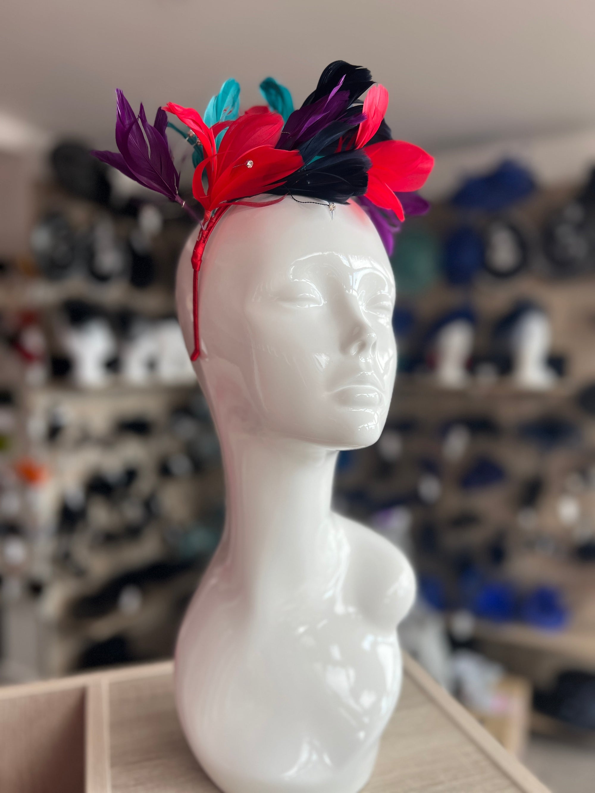 Multi Coloured Fascinator Headband with Diamanté & Feather Petals-Fascinators Direct