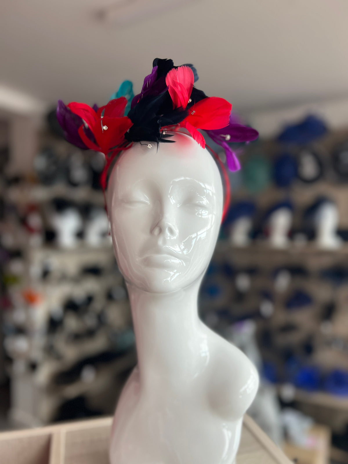 Multi Coloured Fascinator Headband with Diamanté &amp; Feather Petals-Fascinators Direct