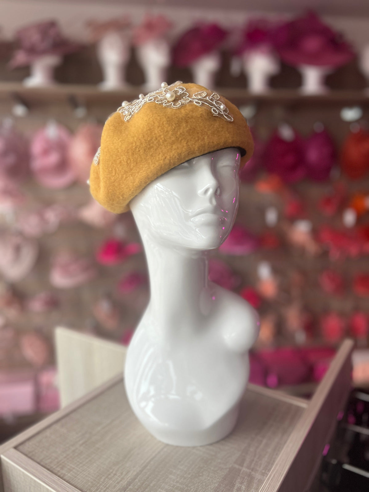 Mustard Beret Hat With Lace &amp; Pearls Detail-Fascinators Direct