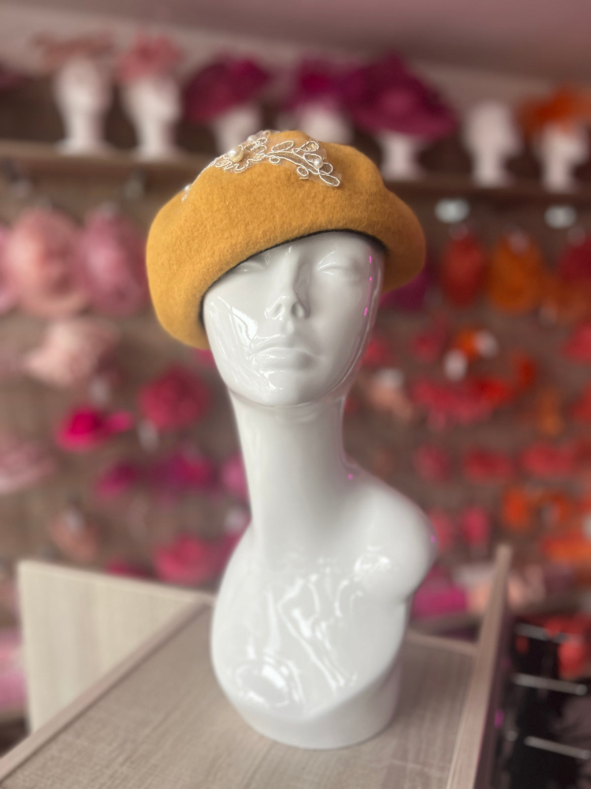 Mustard Beret Hat With Lace &amp; Pearls Detail-Fascinators Direct