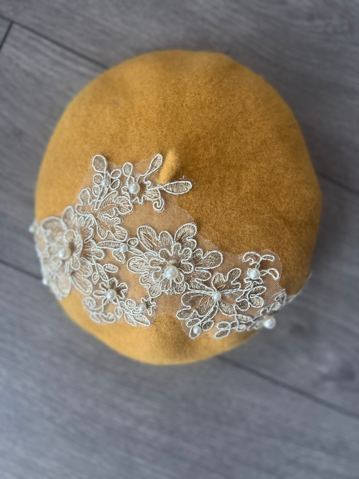 Mustard Beret Hat With Lace &amp; Pearls Detail-Fascinators Direct