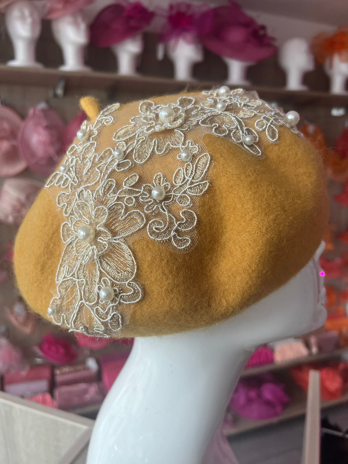 Mustard Beret Hat With Lace &amp; Pearls Detail-Fascinators Direct