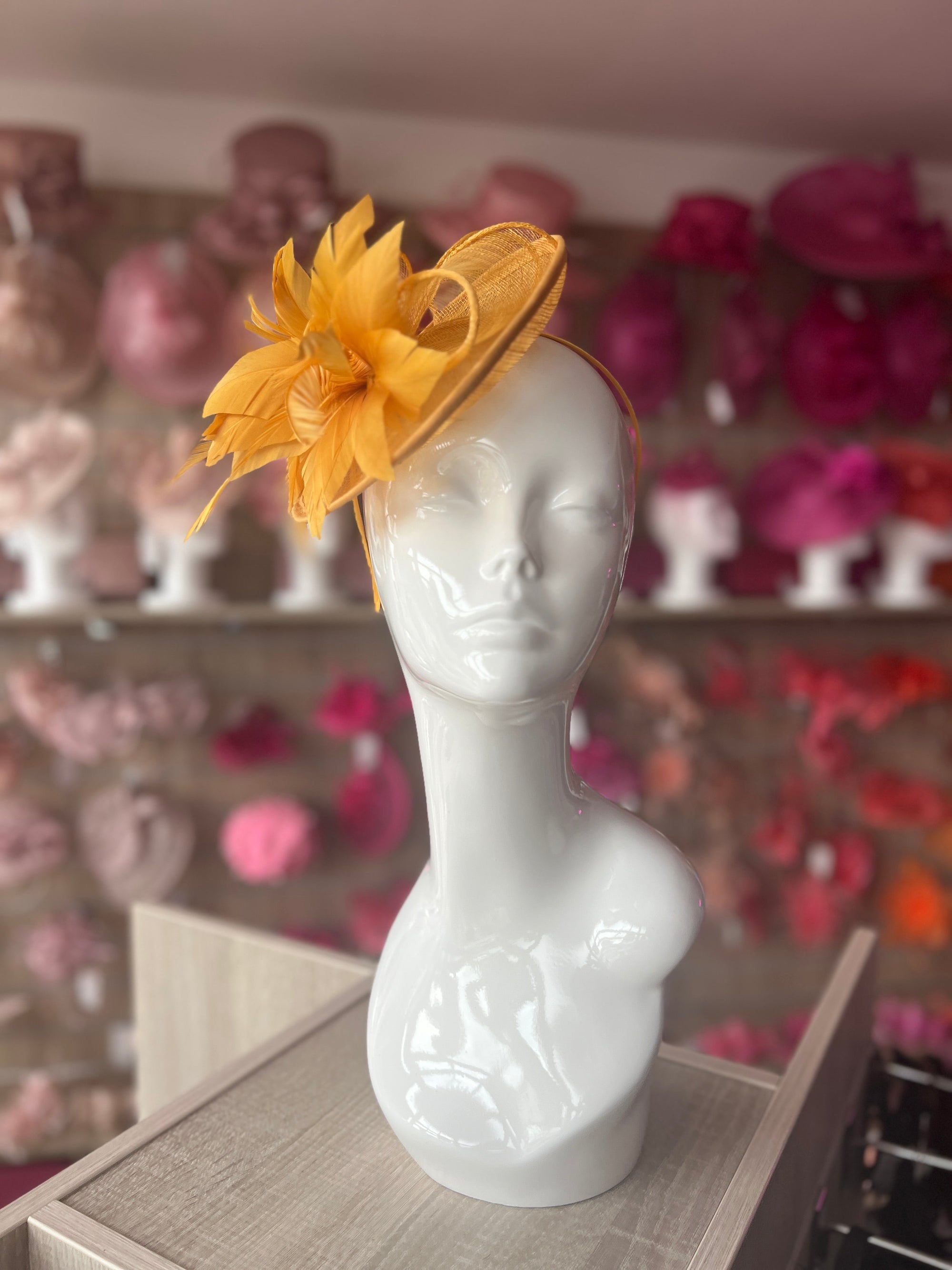 Mustard Disc Fascinator With Sinamay Bow & Feather Flowers-Fascinators Direct