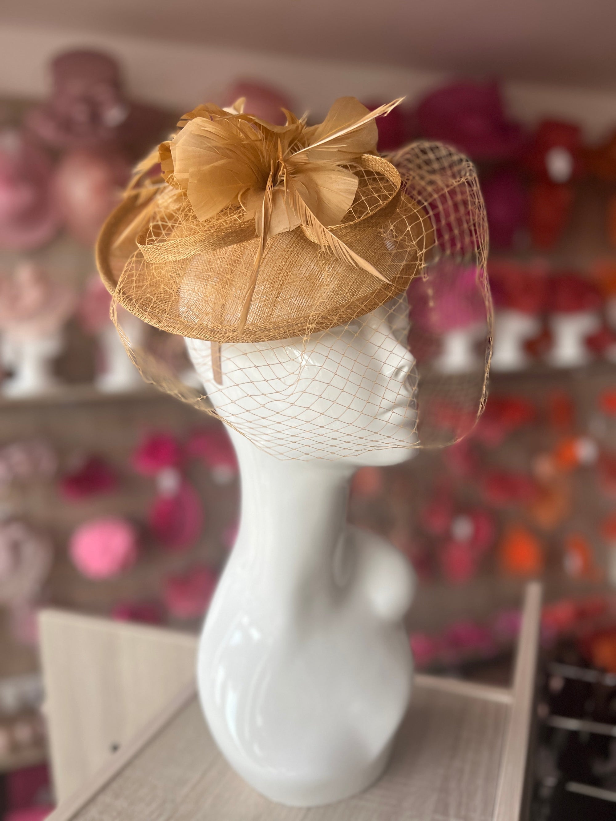 Mustard Hatinator With Feather Flower & Veil-Fascinators Direct