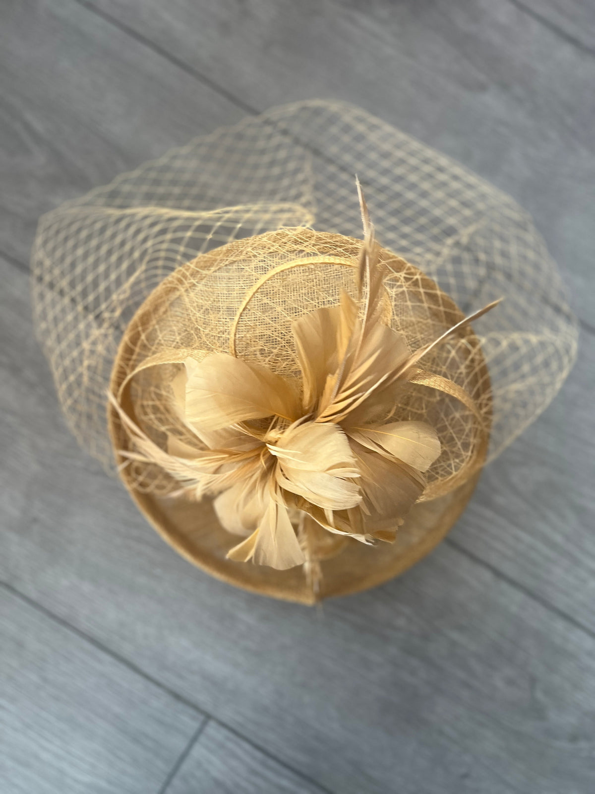 Mustard Hatinator With Feather Flower &amp; Veil-Fascinators Direct