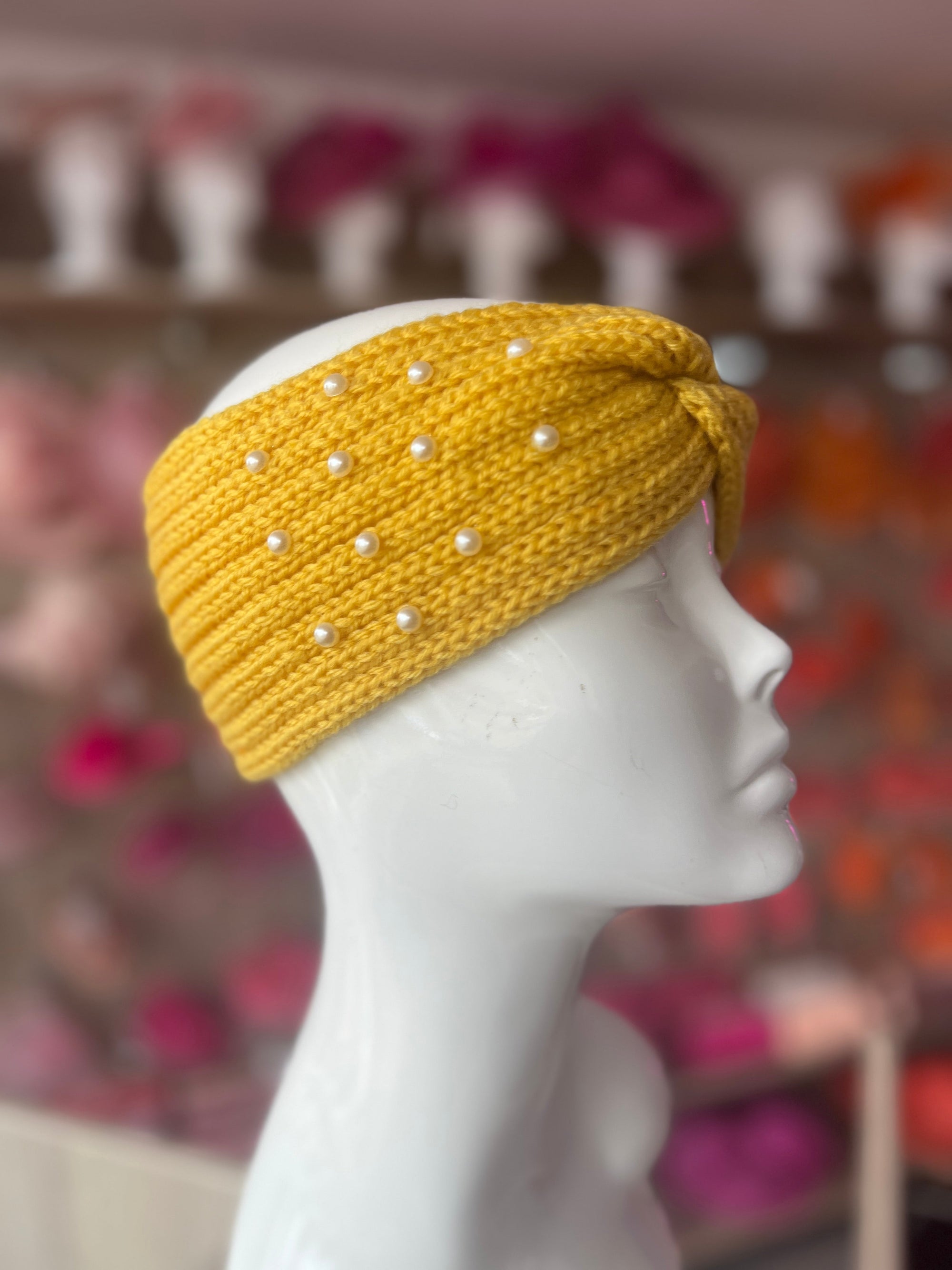 Mustard Knitted Headband Ear Warmer With Assorted Pearls-Fascinators Direct