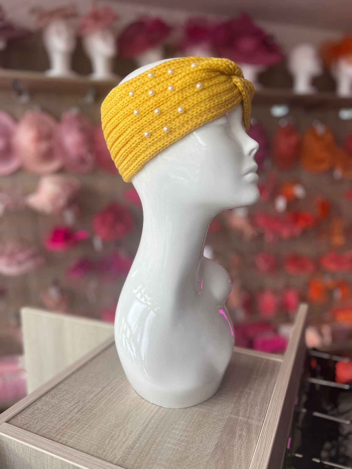 Mustard Knitted Headband Ear Warmer With Assorted Pearls-Fascinators Direct