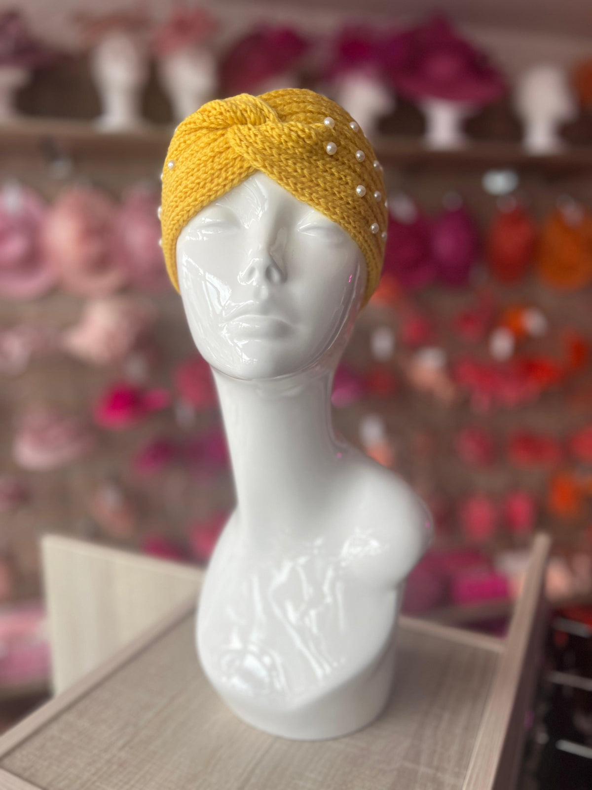 Mustard Knitted Headband Ear Warmer With Assorted Pearls-Fascinators Direct