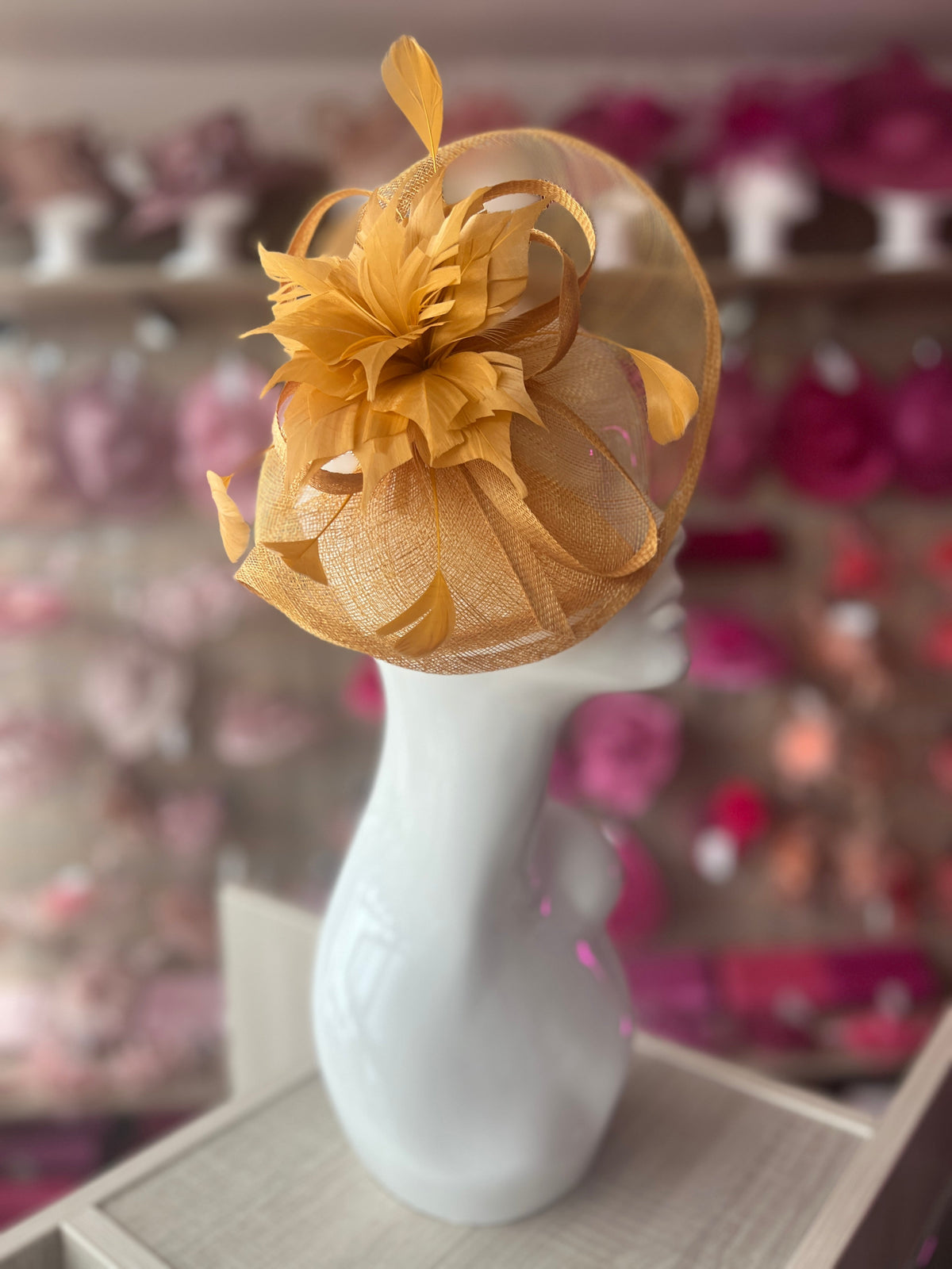 Mustard Oval Base Fascinator With Feather Flower-Fascinators Direct