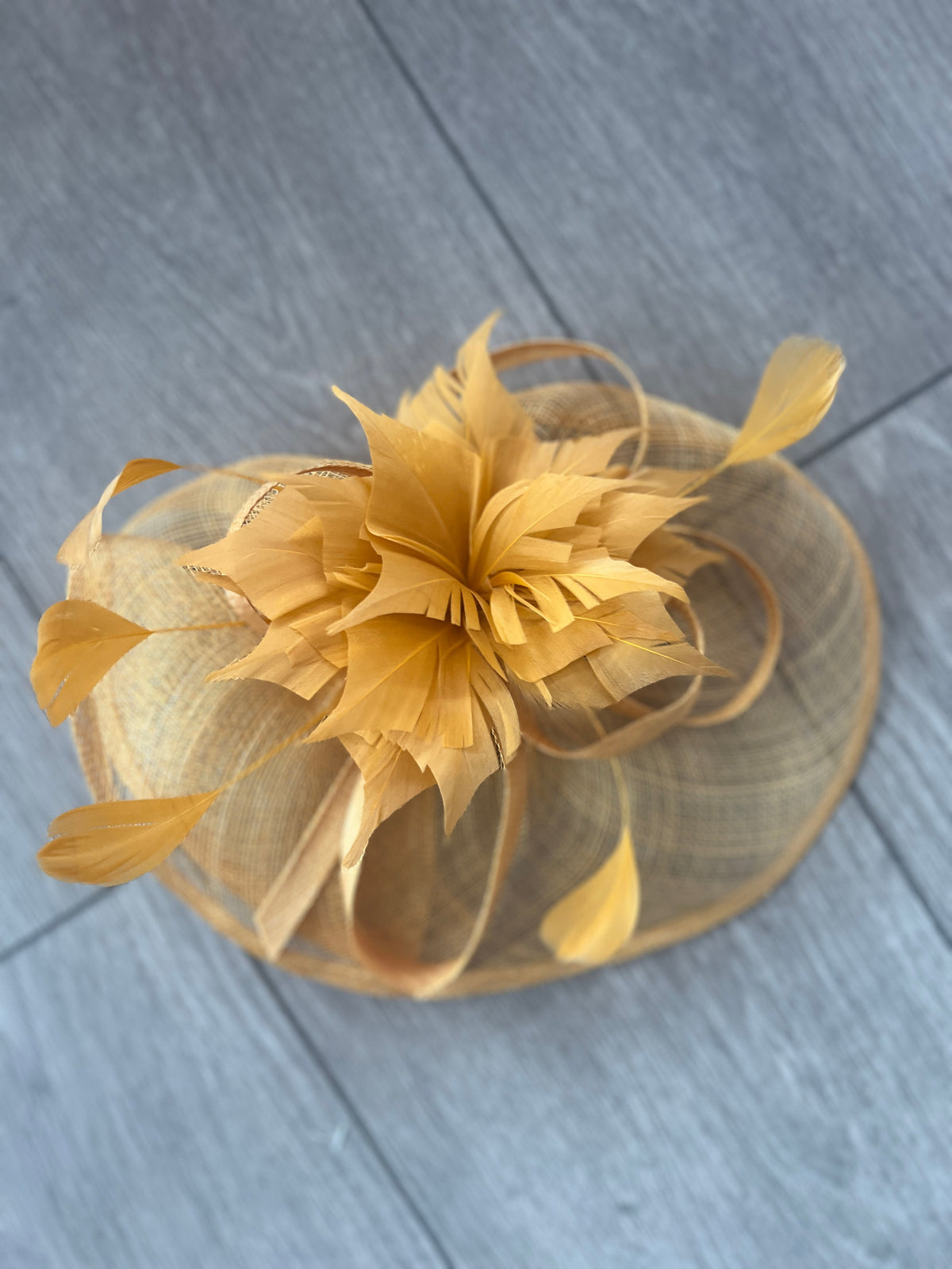 Mustard Oval Base Fascinator With Feather Flower-Fascinators Direct