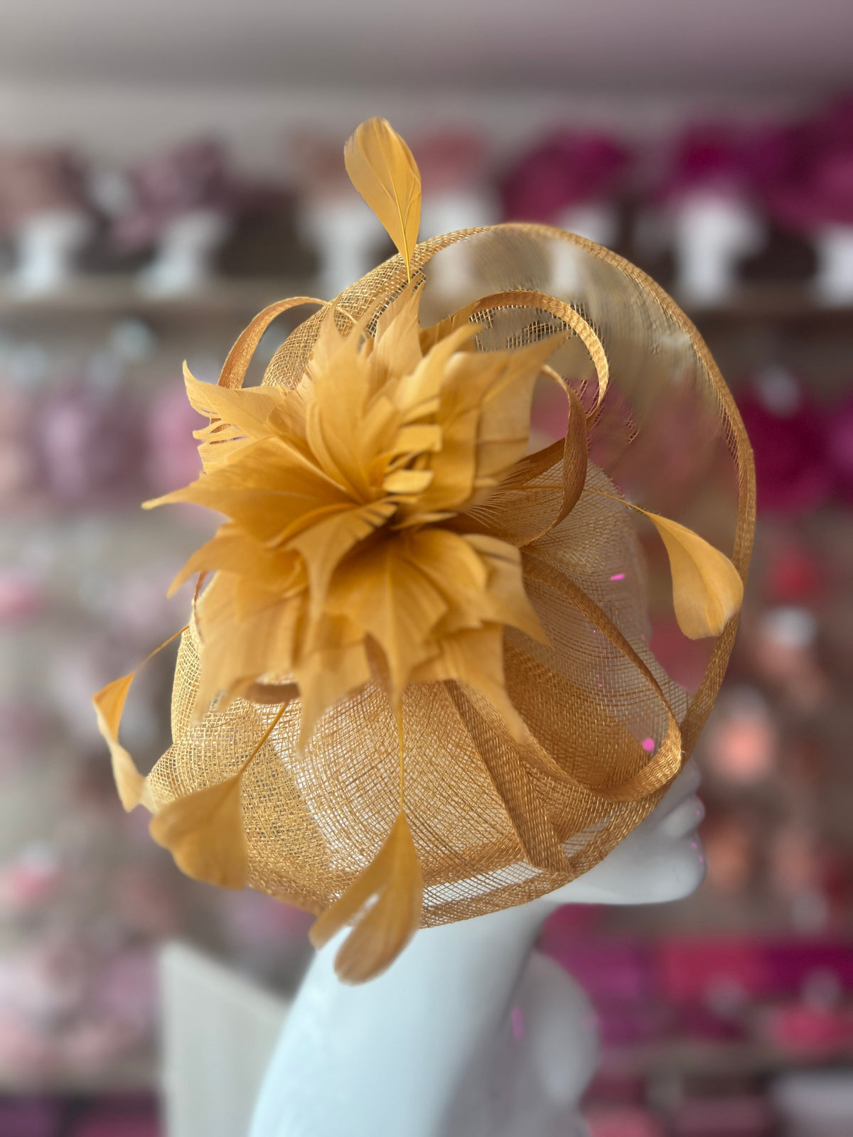 Mustard Oval Base Fascinator With Feather Flower-Fascinators Direct