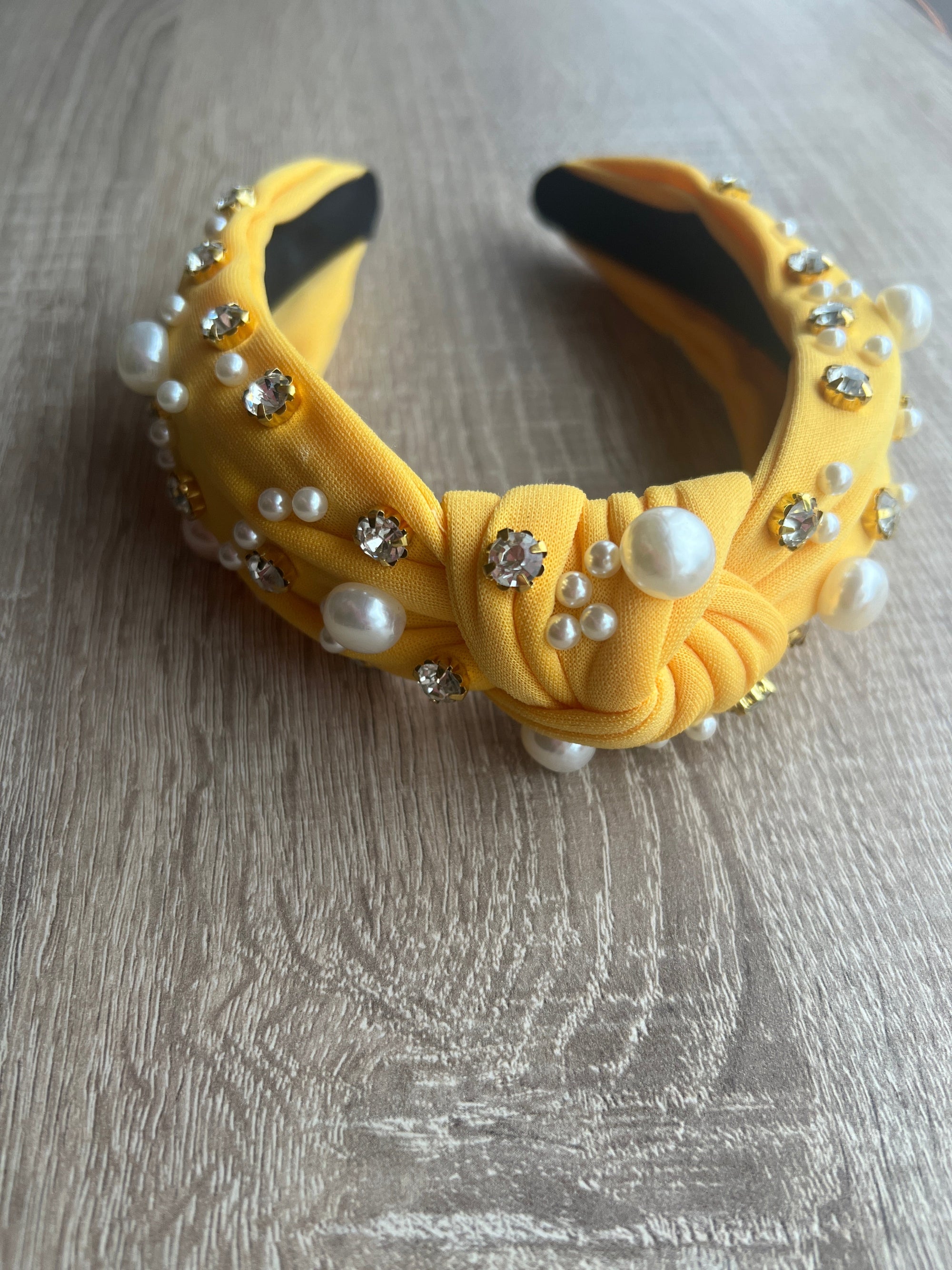 Mustard Pearl & Diamante Knot Headband Fascinator-Fascinators Direct