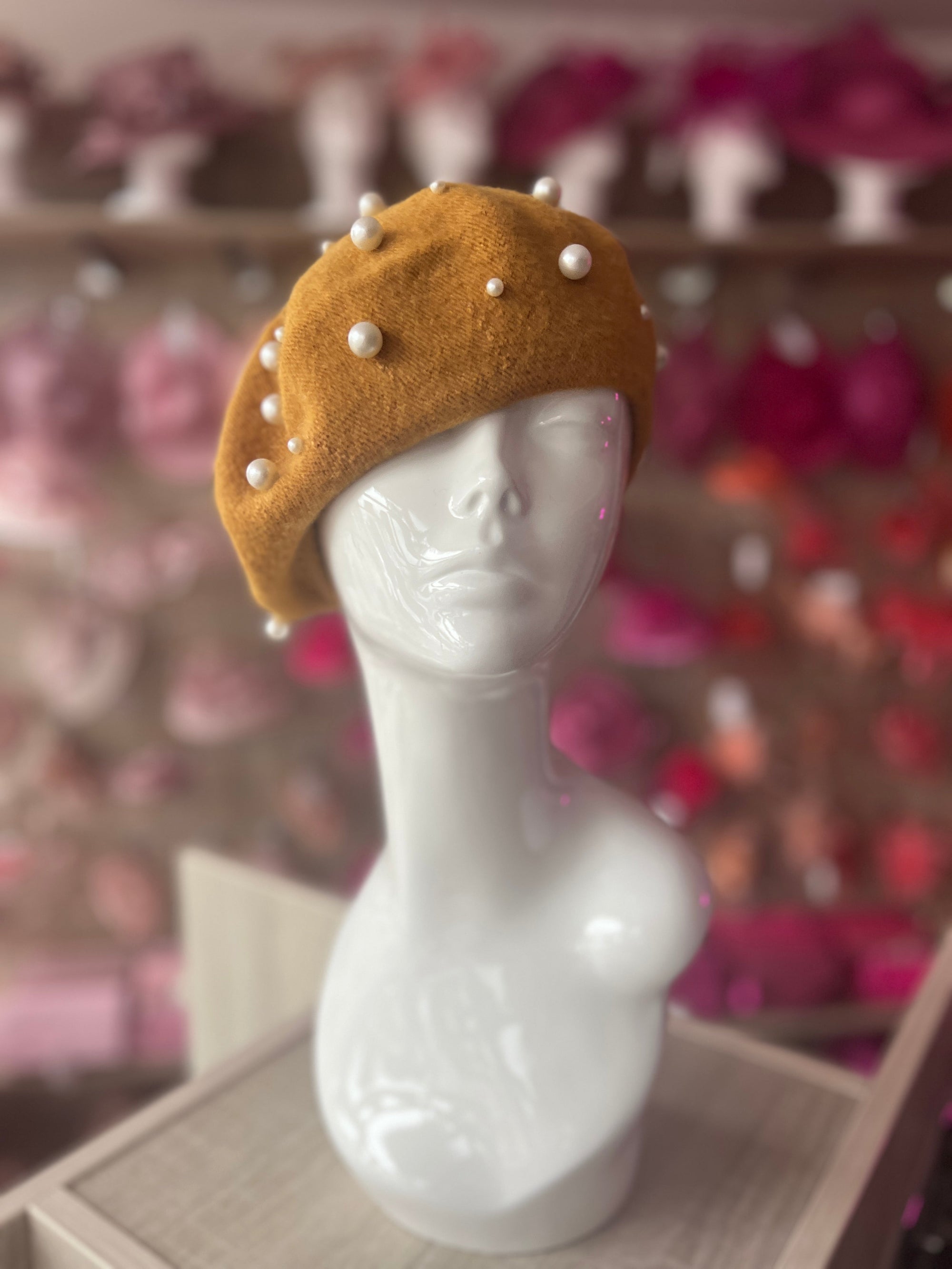 Mustard Pearl Embellished Beret Hat-Fascinators Direct