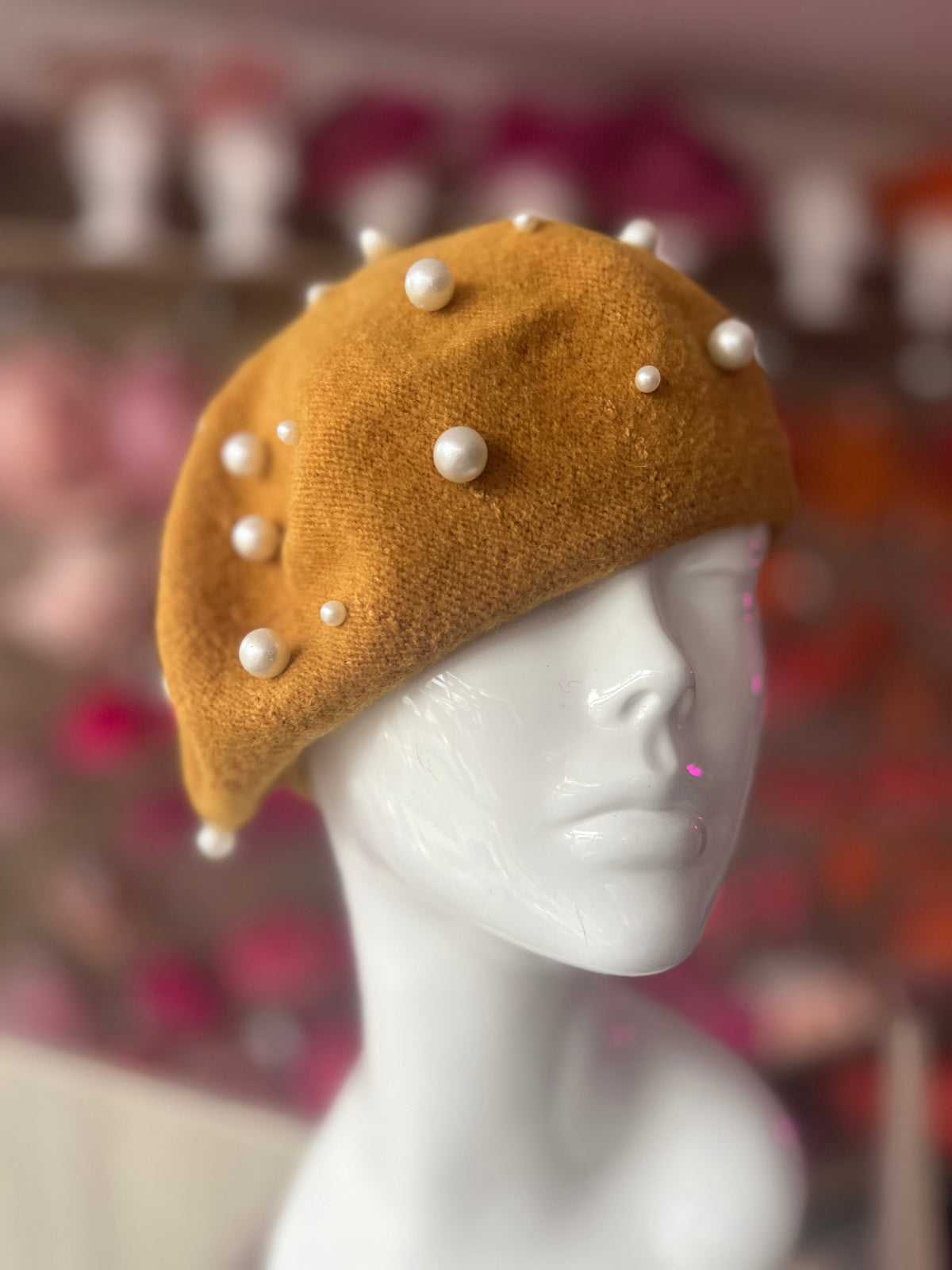 Mustard Pearl Embellished Beret Hat-Fascinators Direct